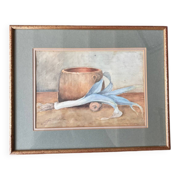 Aquarelle nature morte poireau ancienne 