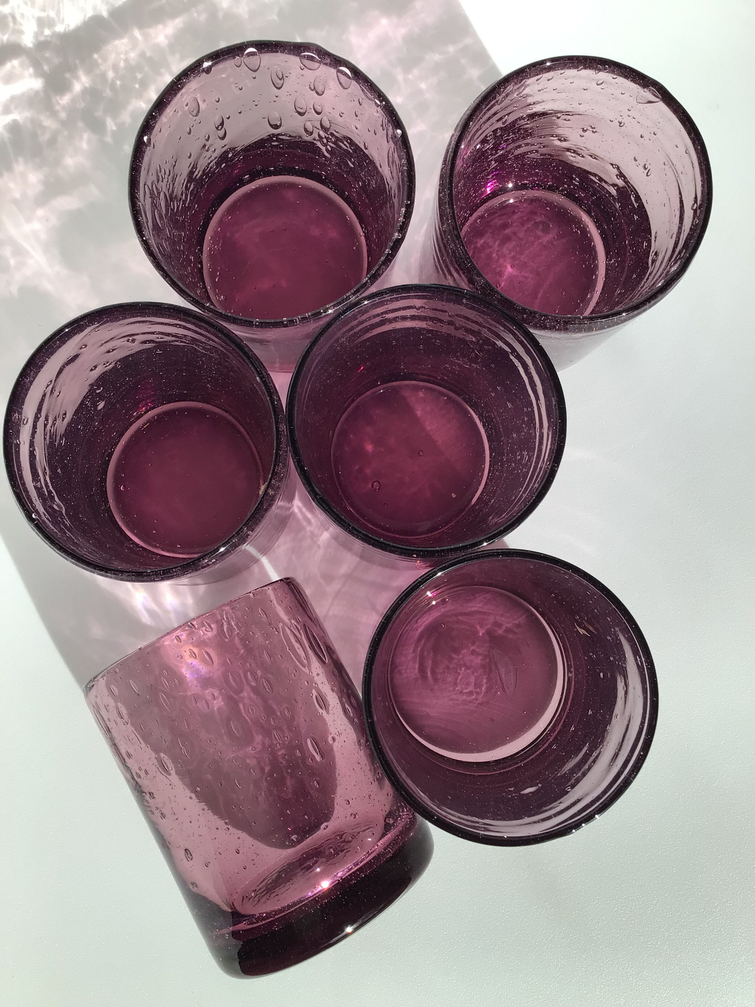 6 Straight bubbled glasses purple mouth blown glass
