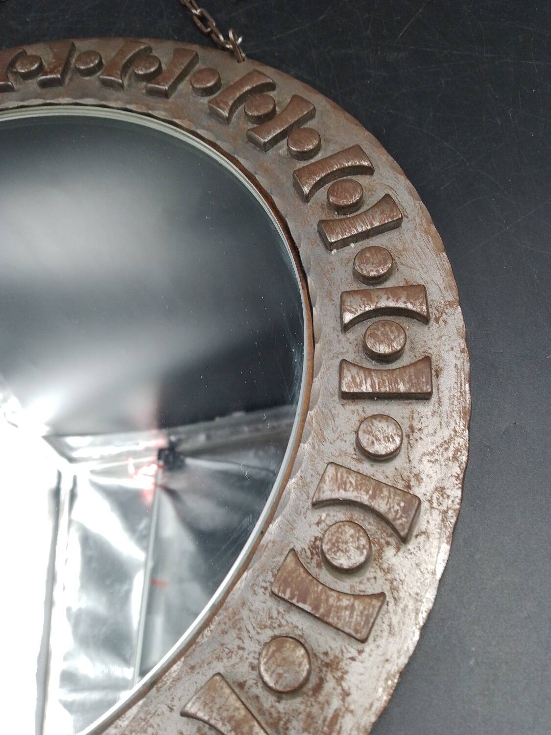 Beautiful brutalist round iron mirror in the RYCKAERT style ATELIER MAROLLES JEAN TOU