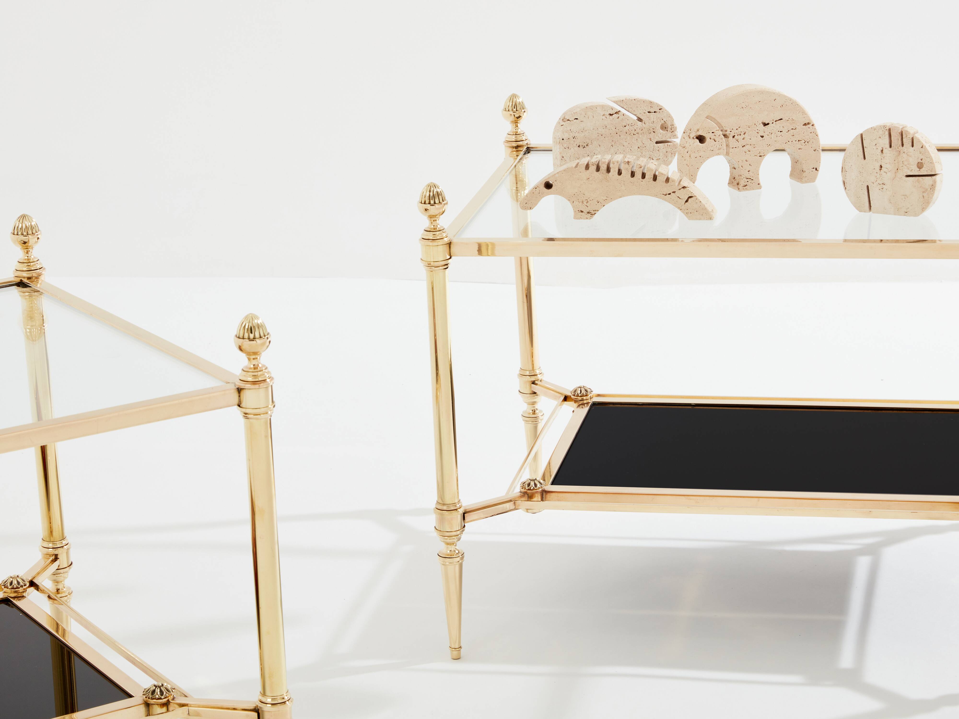 Maison Jansen style pair of brass opaline glass side tables 1970