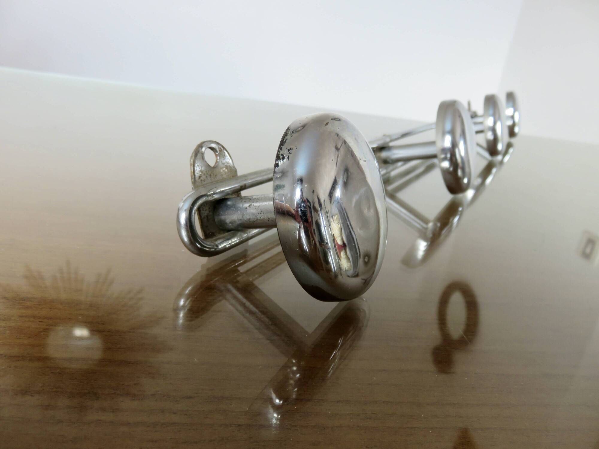 Chrome metal wall coat rack with 4 hooks, 57cm, 1970, vintage