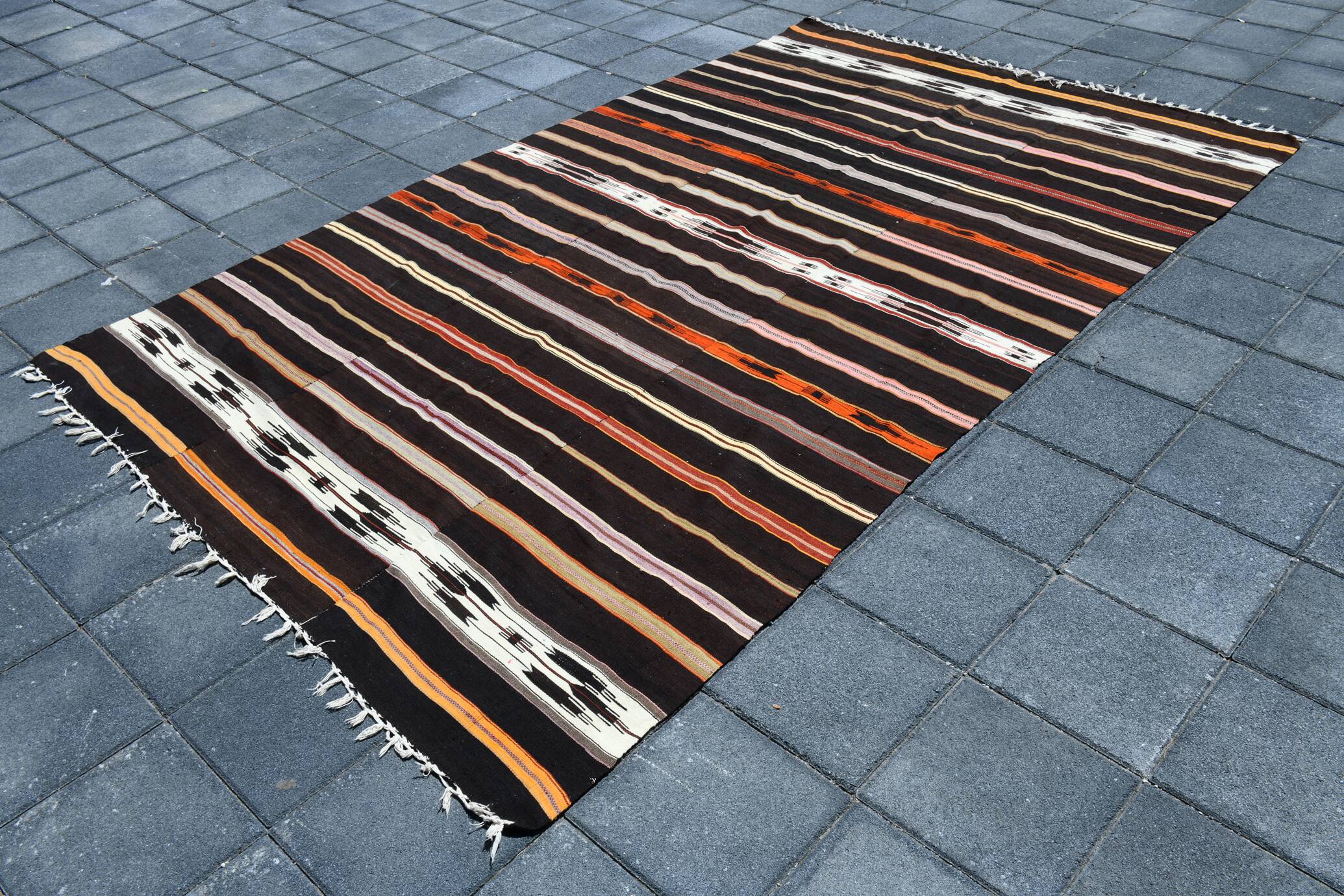 %100 Wool Striped Moroccan Pattern Turkish Kilim Rug, 181x305 Cm