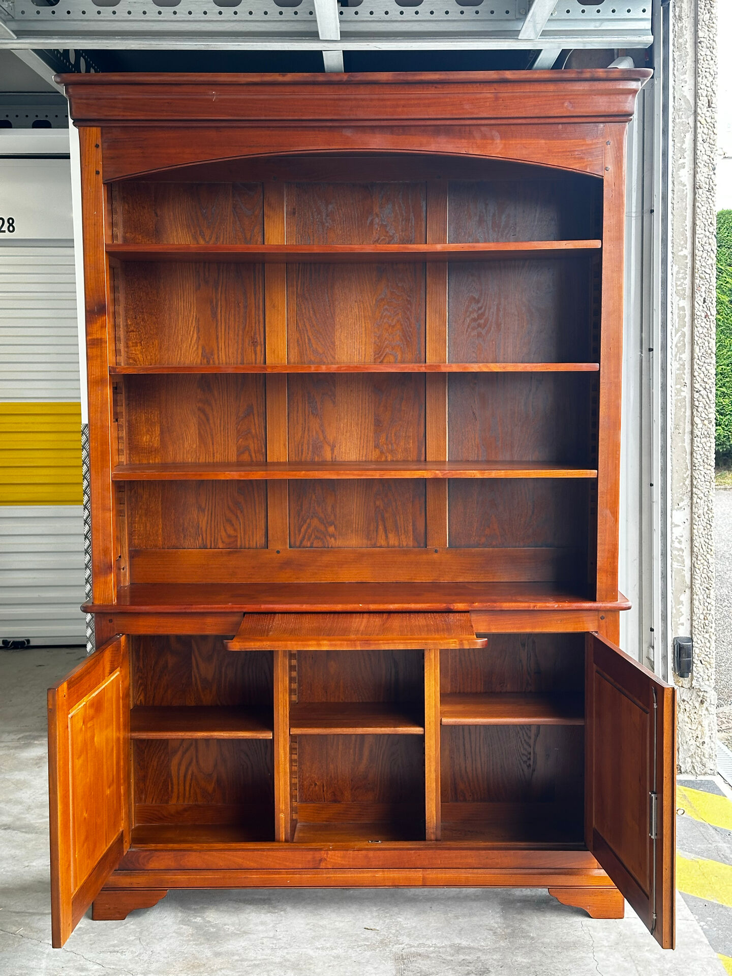 Solid cherry wood library with sliding writing desk - 20th century