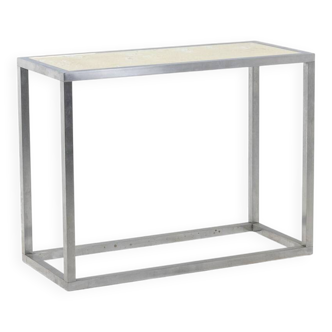 Maison Jansen. Console in brushed aluminium and verre églomisé top.