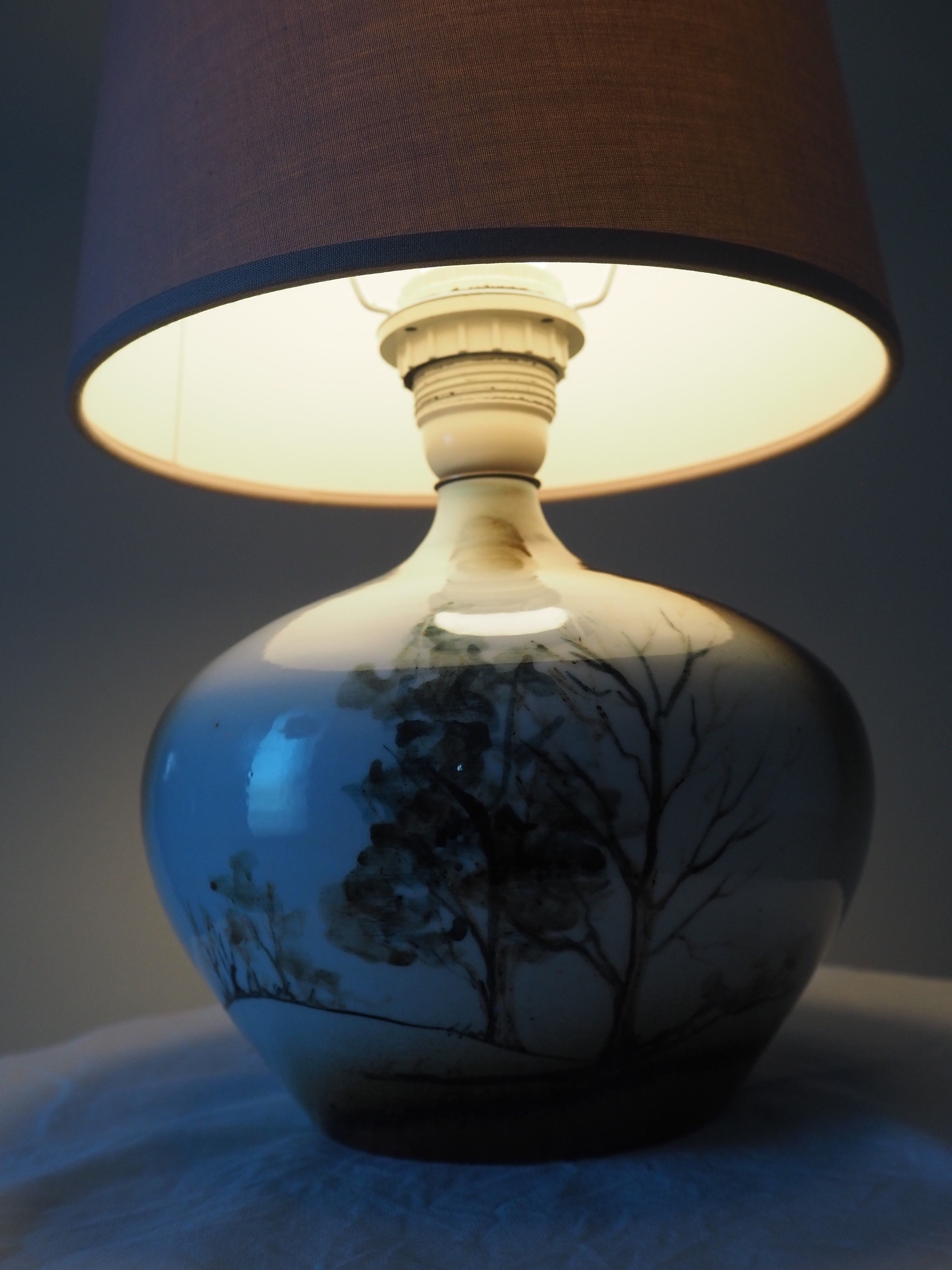 Enamelled ceramic ball lamp signed bossis and fabric lampshade