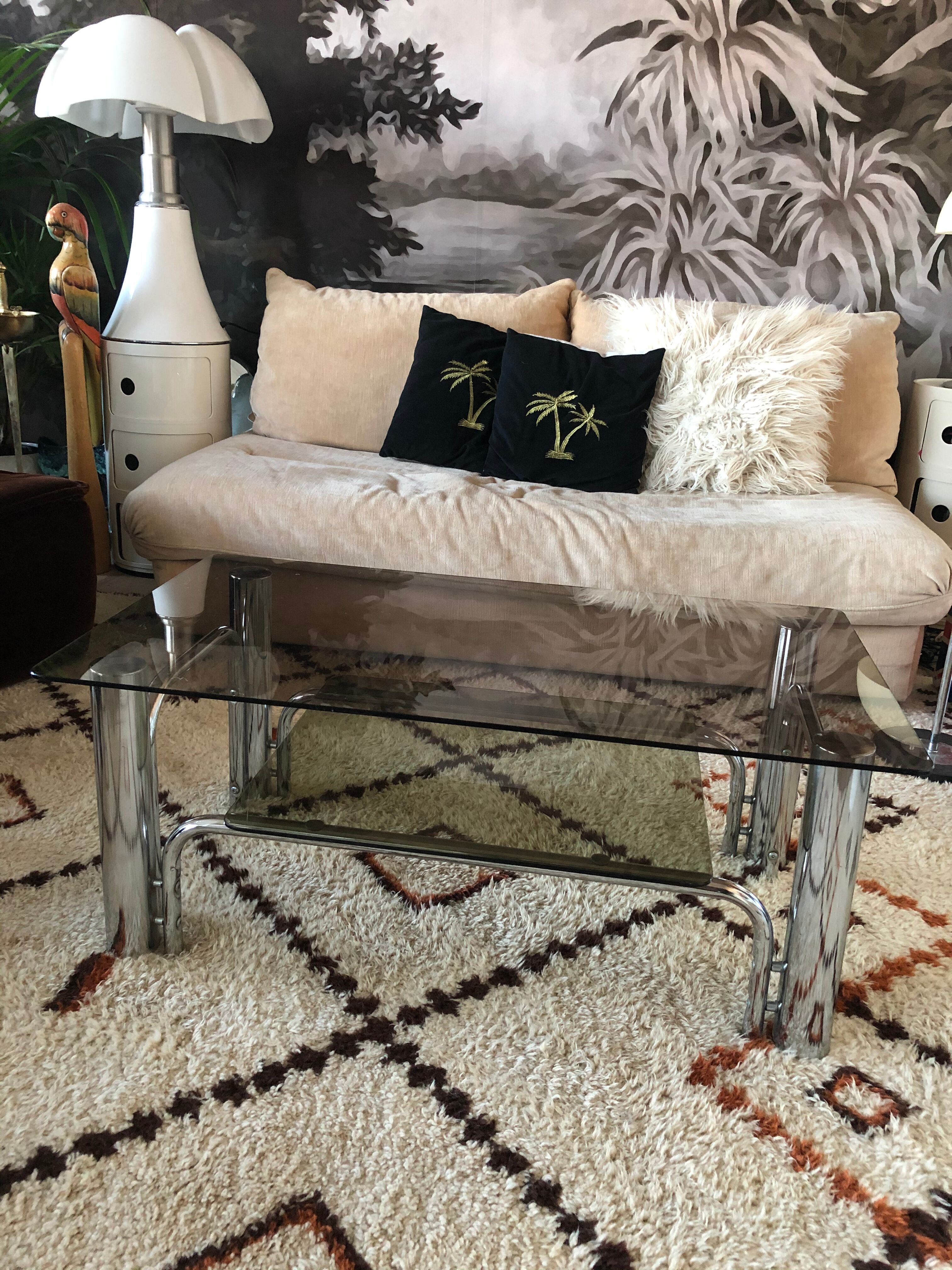 Chromium coffee table and 1970s smoked glass