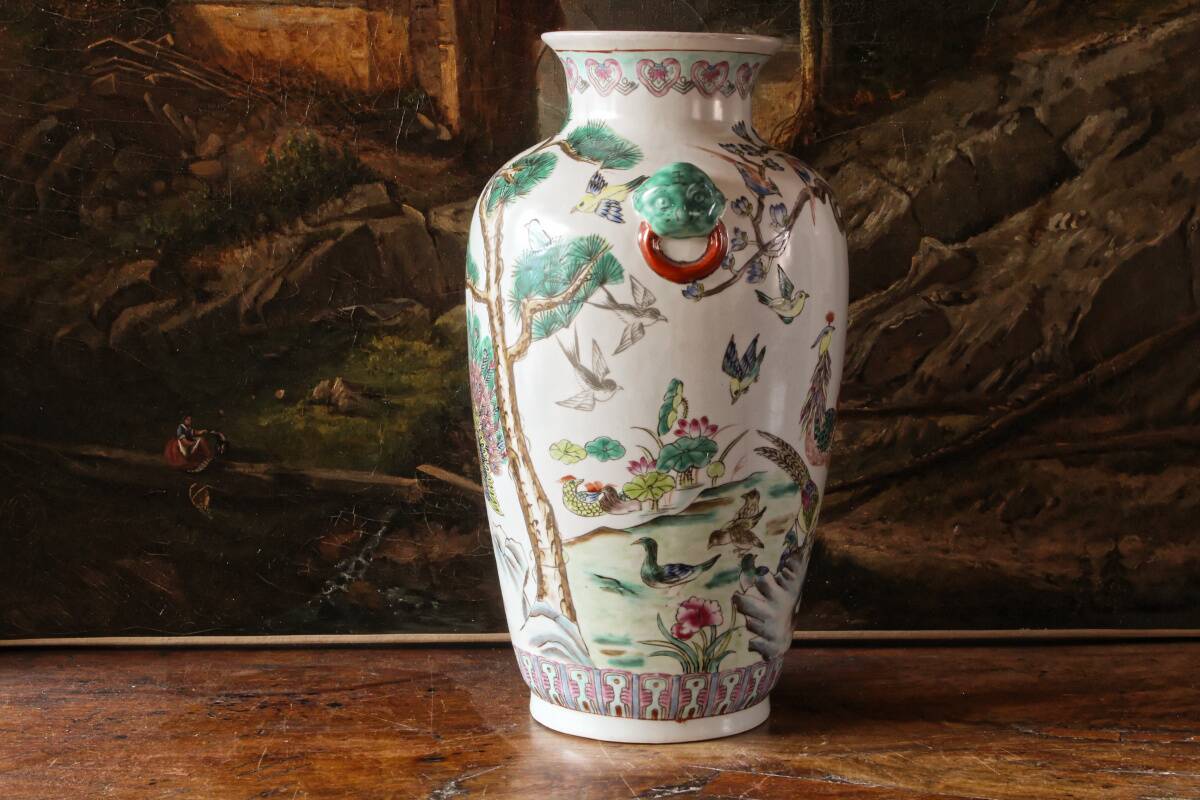 Chinese porcelain vase, peacocks, birds, trees, peonies