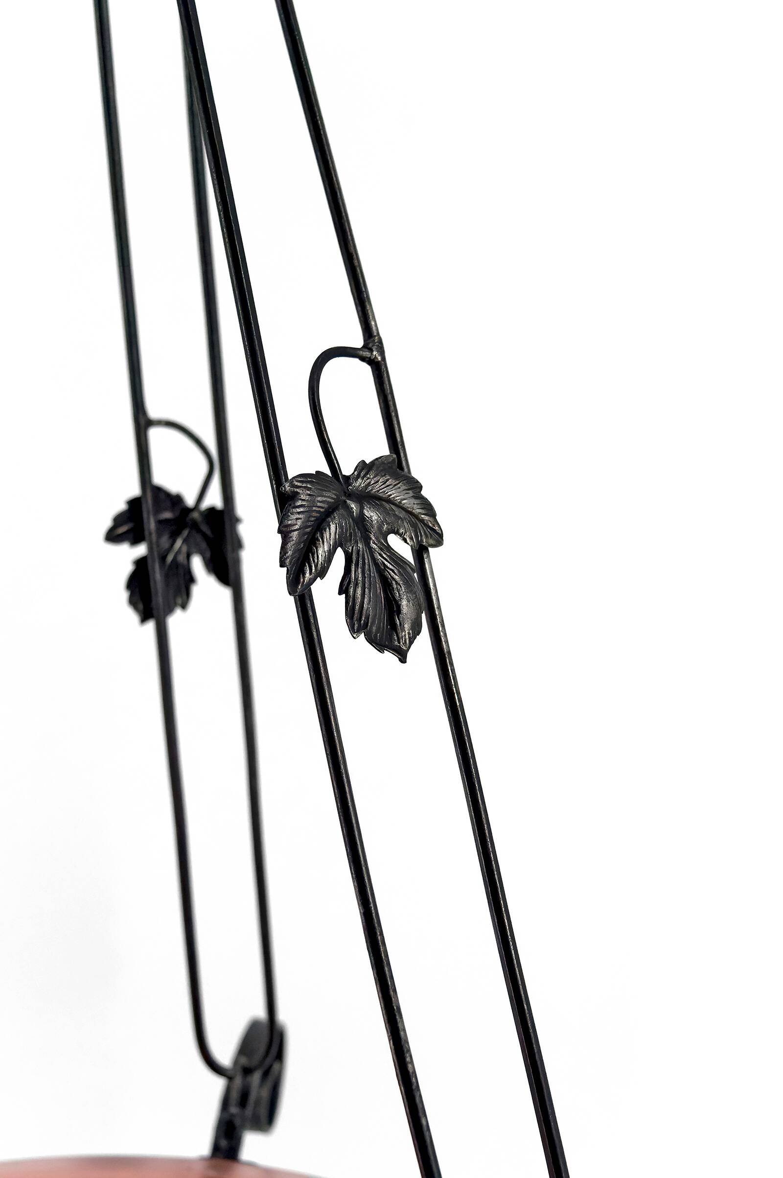 Wrought iron pendant light, pink bowl with floral decoration, Art Deco, Circa 1930