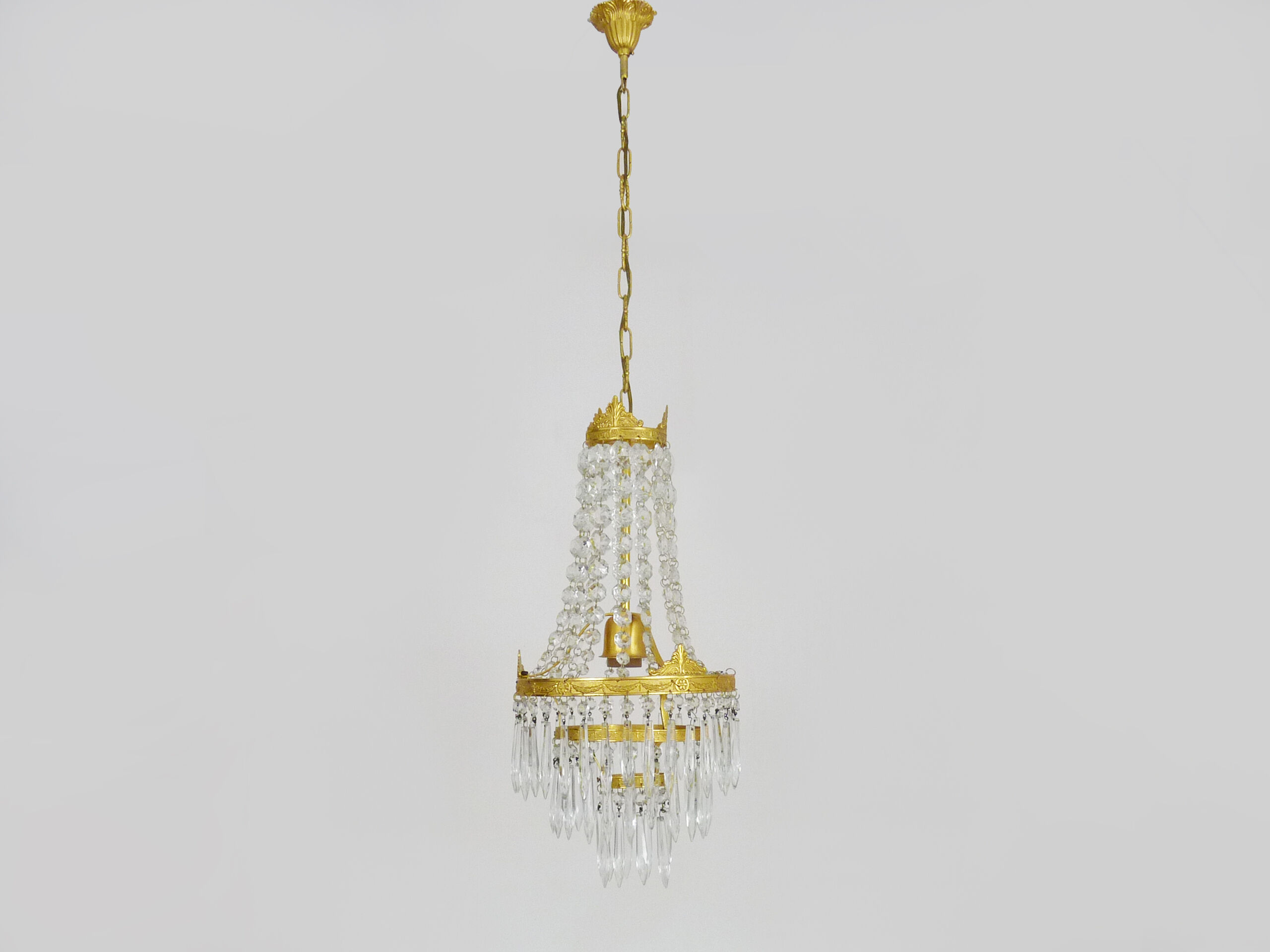 Old balloon chandelier with three floors, glass tassels. 50s 60s