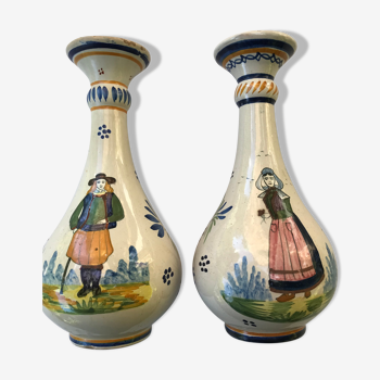 Paire de vases anciens quimper henriot. france. décor typique