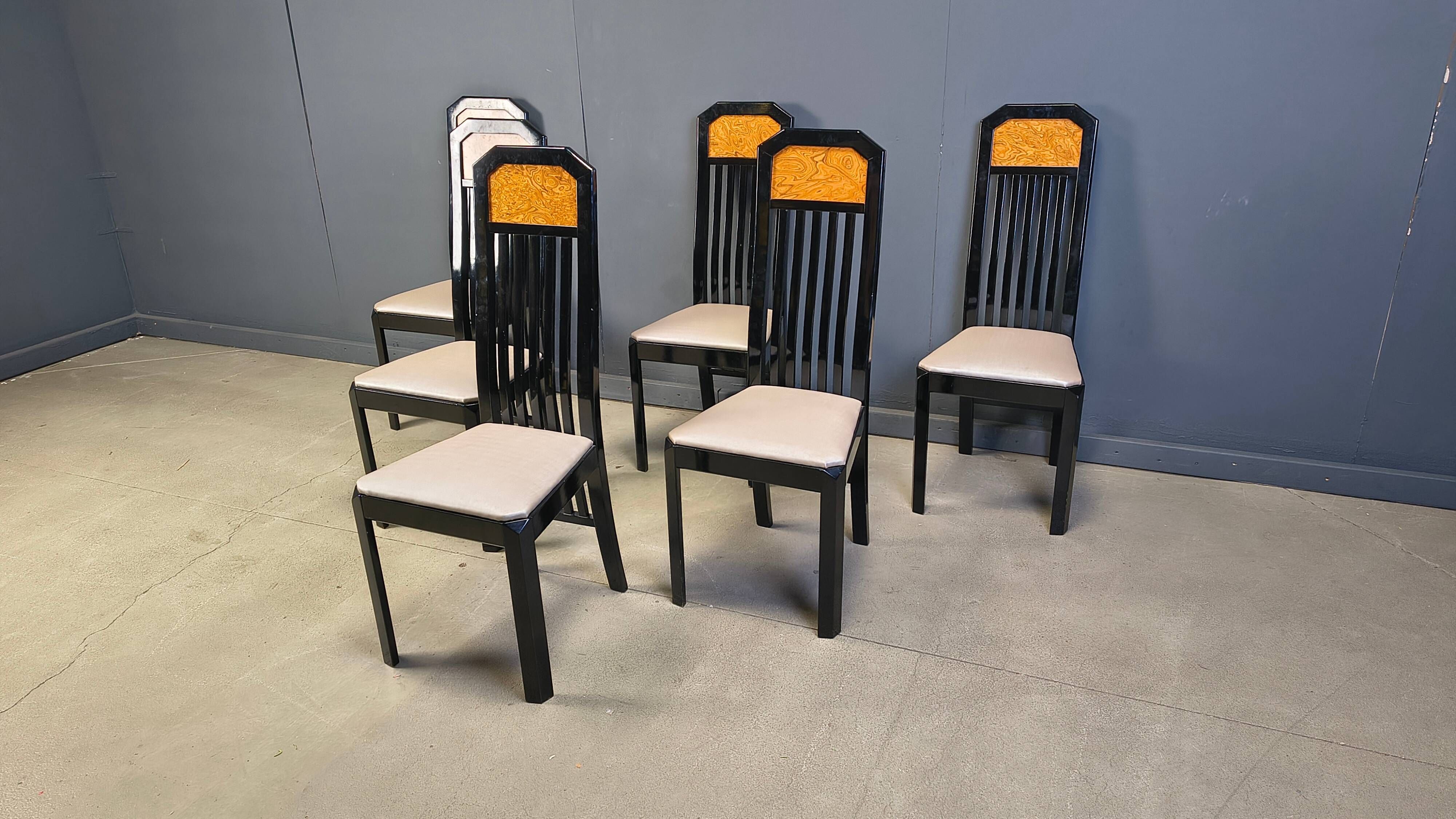 Vintage burl wood and lacquer dining chairs, 1980s