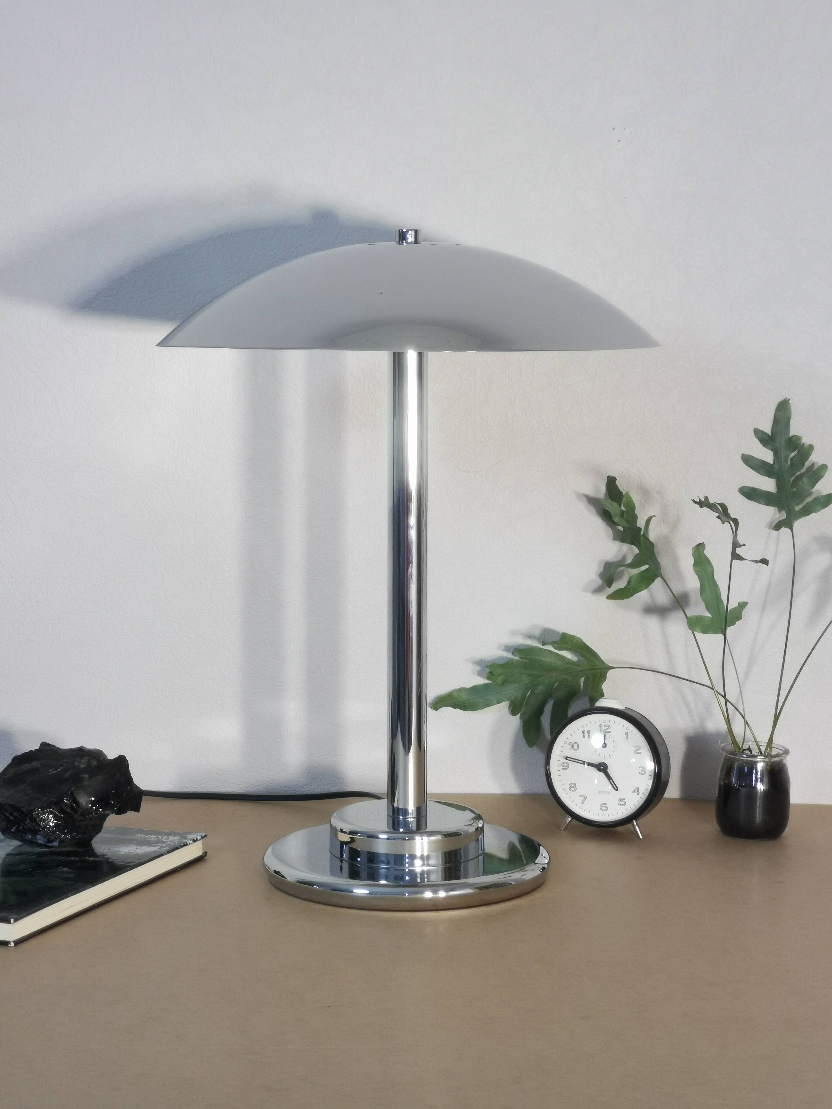 Mushroom lamp, chrome metal saucer, Aluminor, France, 1970