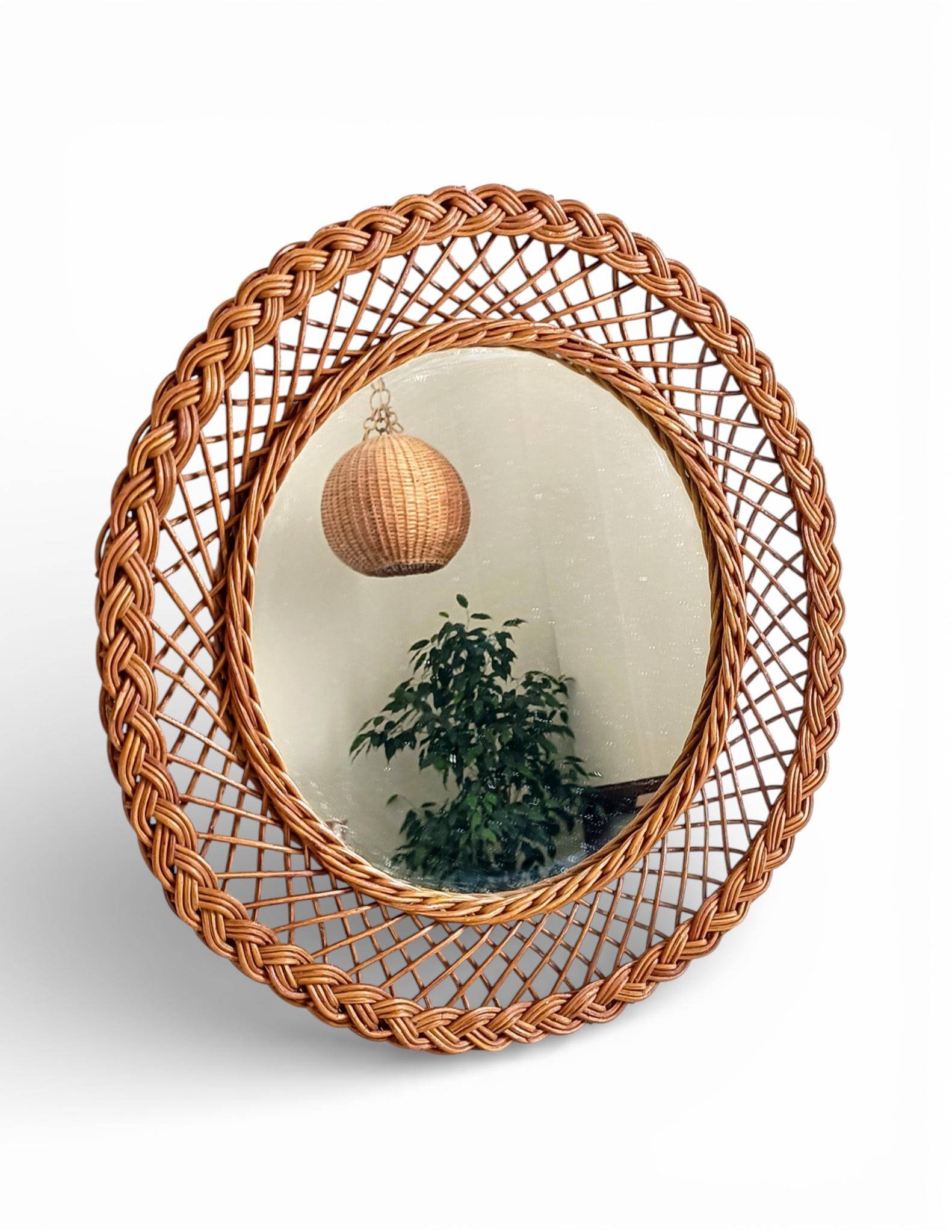 Rustic French Provence Wicker Round Mirror, Organic Modern, Handmade, France