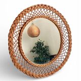 Rustic French Provence Wicker Round Mirror, Organic Modern, Handmade, France