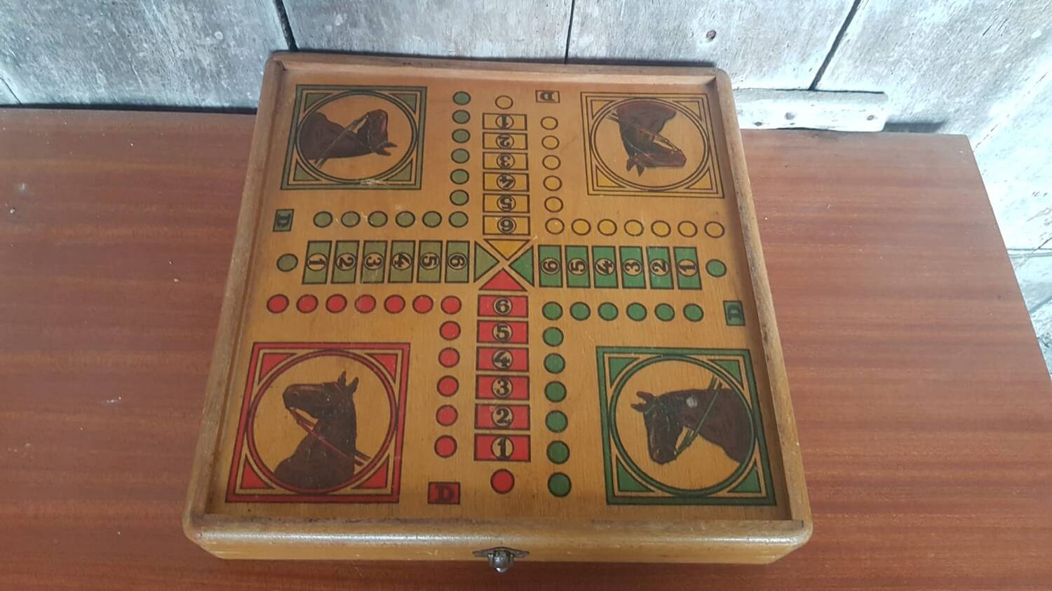 Ancien Plateau De Jeu De L’Oie Dames Petits Chevaux En Bois Vintage #A690