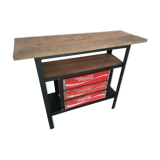 Console oak, steel and boxes coca cola