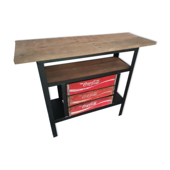 Console oak, steel and boxes coca cola