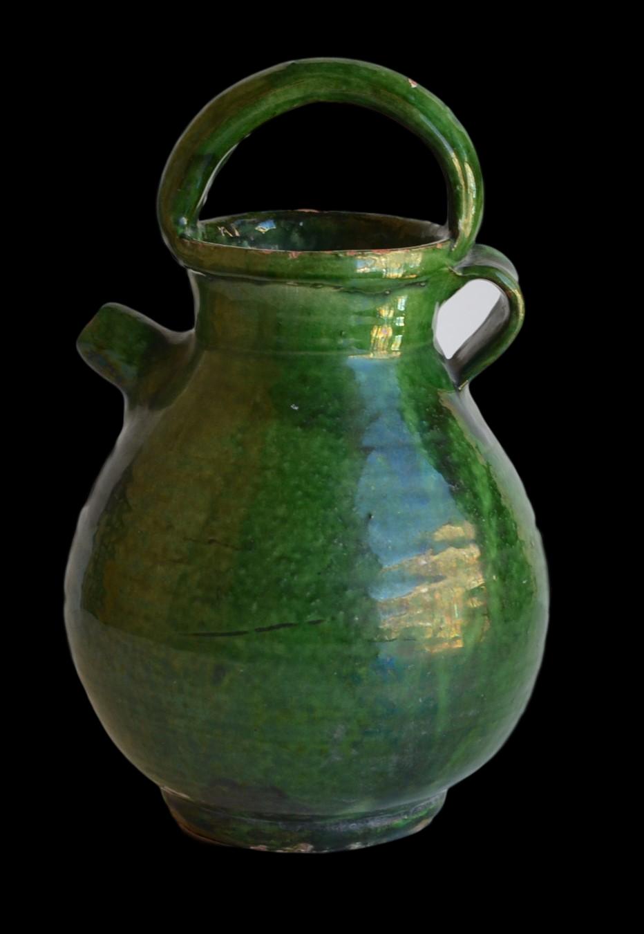 Jug wine earthenware glazed green, and mercurisee, Aubagne, Provence, 1900