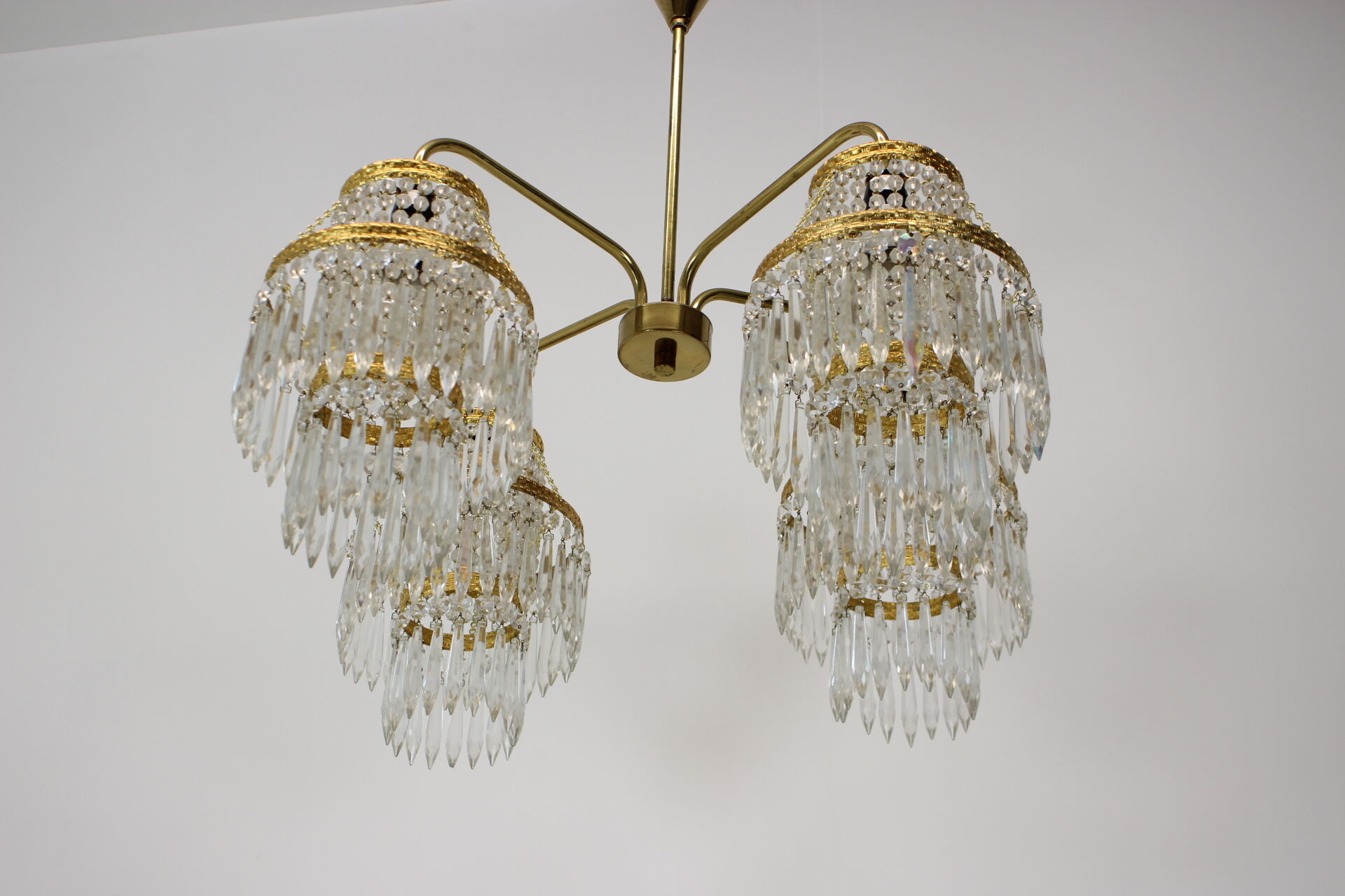 1950s, vintage crystal brass chandelier, železnobrodské sklo,czechoslovakia