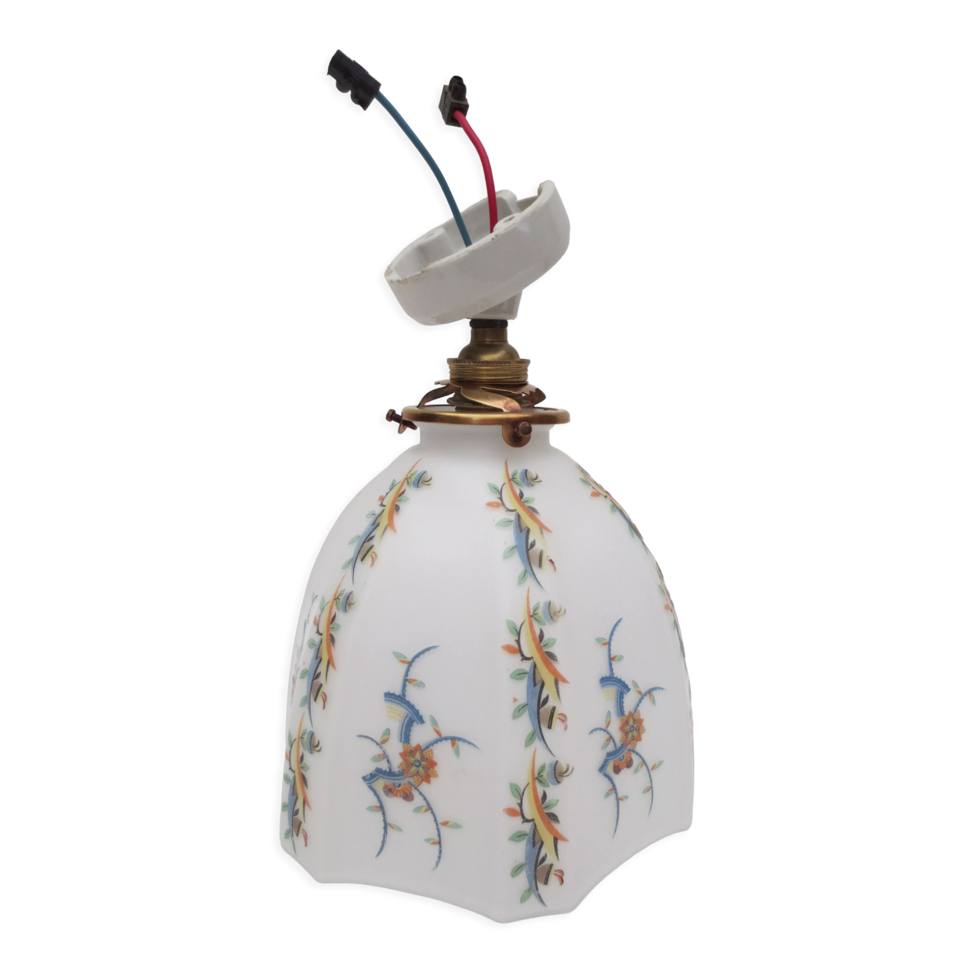 Old wall lamp 45° and its tulip lampshade decorated with flowers