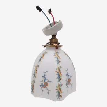 Old wall lamp 45° and its tulip lampshade decorated with flowers