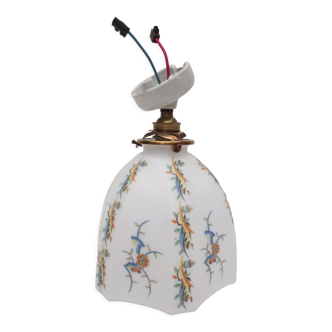 Old wall lamp 45° and its tulip lampshade decorated with flowers