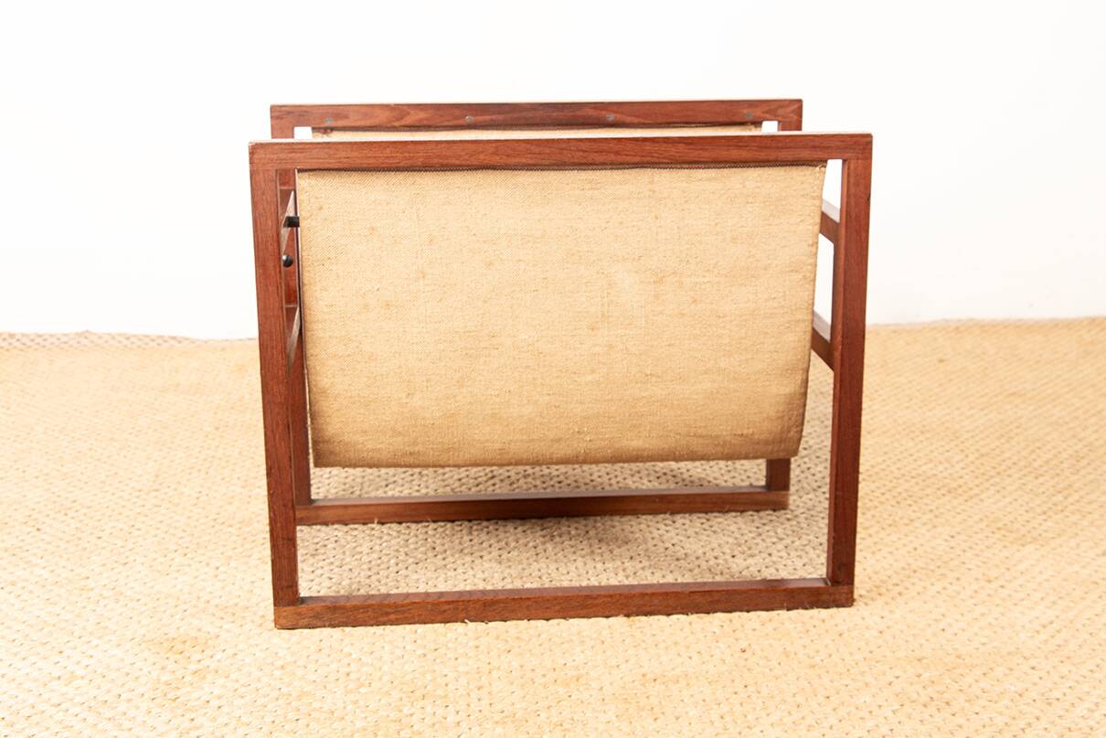 Danish magazine rack in teak and linen by Henning Wind-Hansen for Sika Møbler