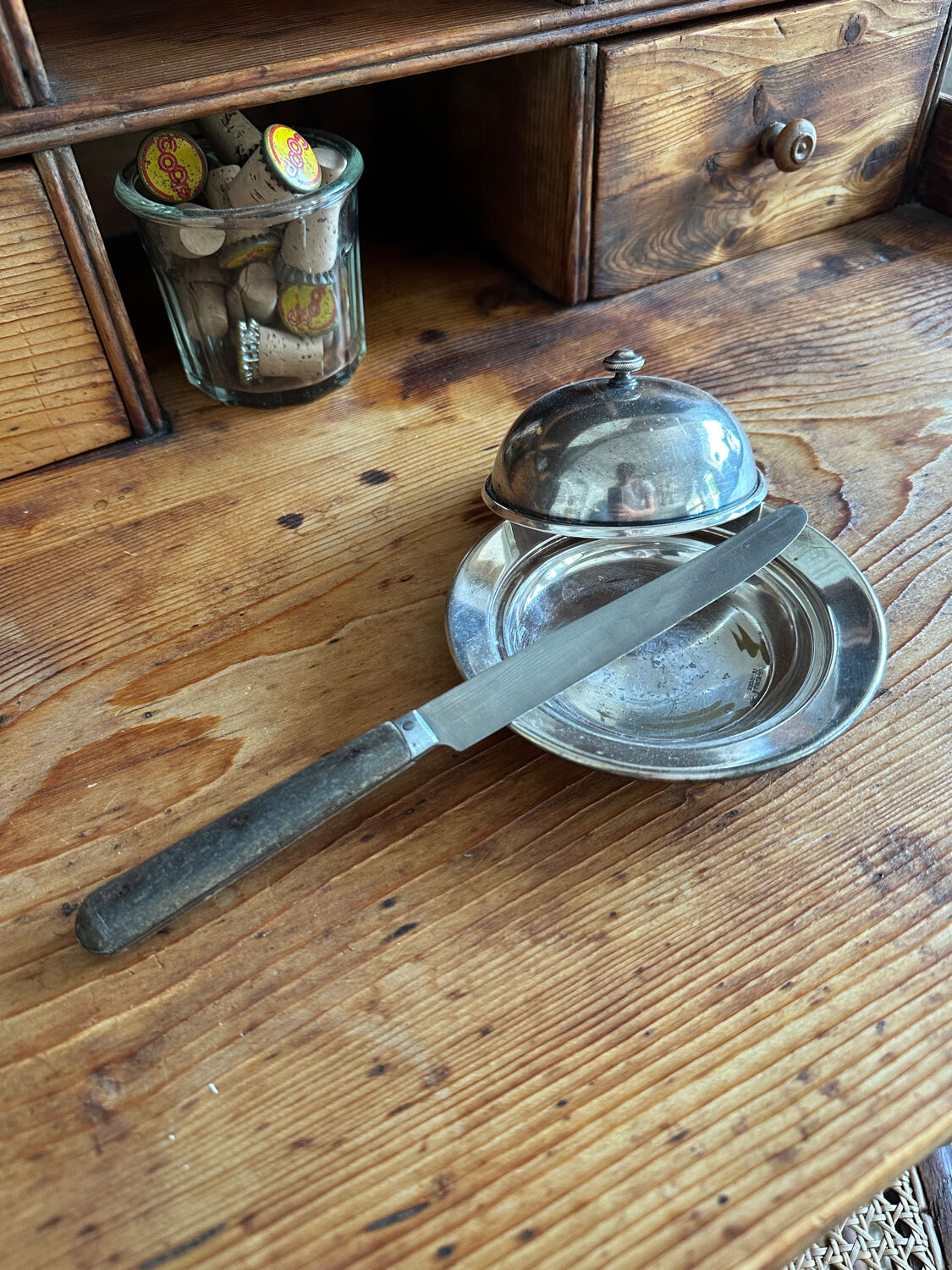 Old stamped silver metal butter dish