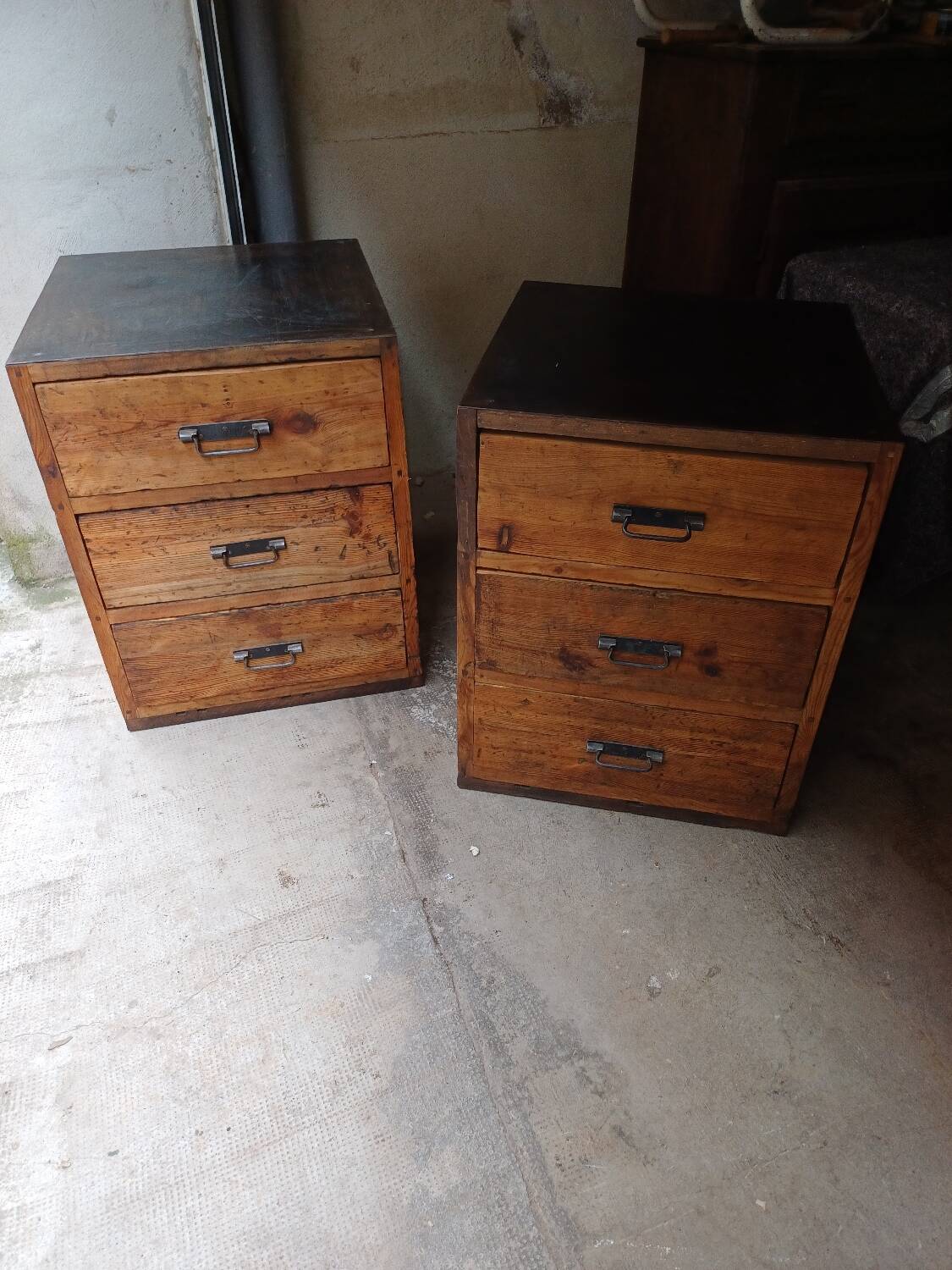 Pair of workshop furniture, solid wood, metal top 1930, 1950