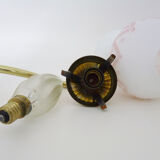 Pair of gooseneck wall sconces in gilded metal, white opaline with pink decorations