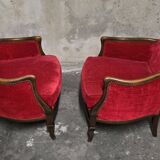 Pair of Louis XV style bergère armchairs in red velvet.