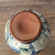 Round vase in chamotte clay / mixed with blue speckled glaze – Signed – H 13.5