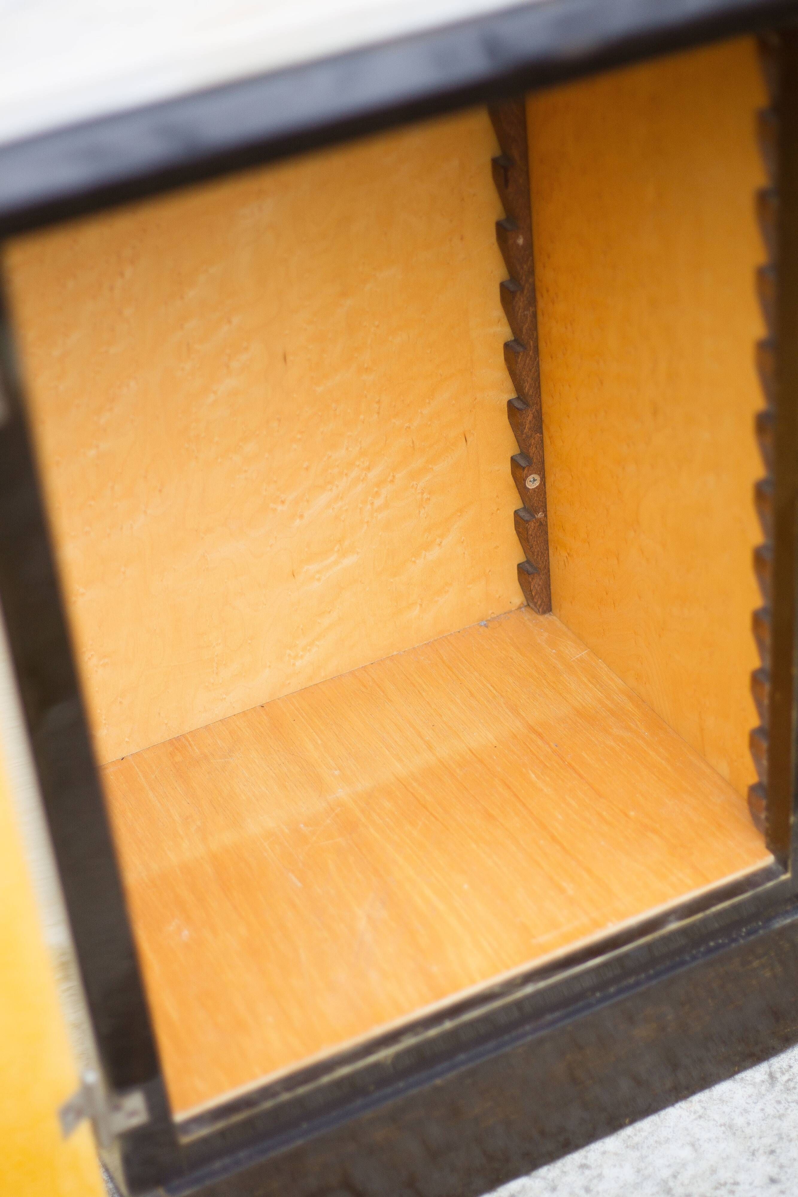 Pair of lacquered wood nightstands with brand plate, vintage bedside table, bedroom furniture