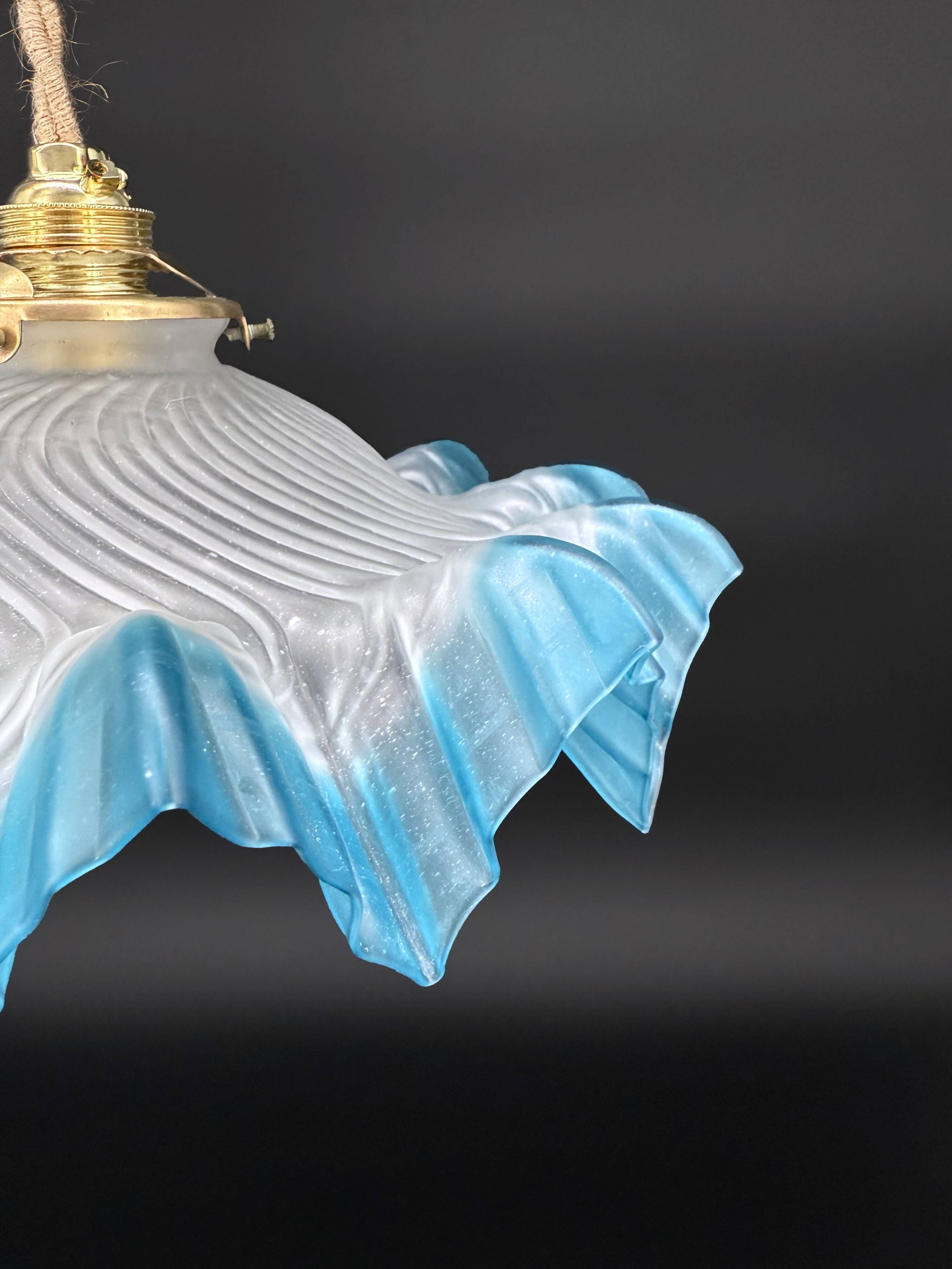 Vintage pendant light in blue gradient draped opaline glass