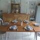 Vintage belt table and pearl gray compass base, wooden top