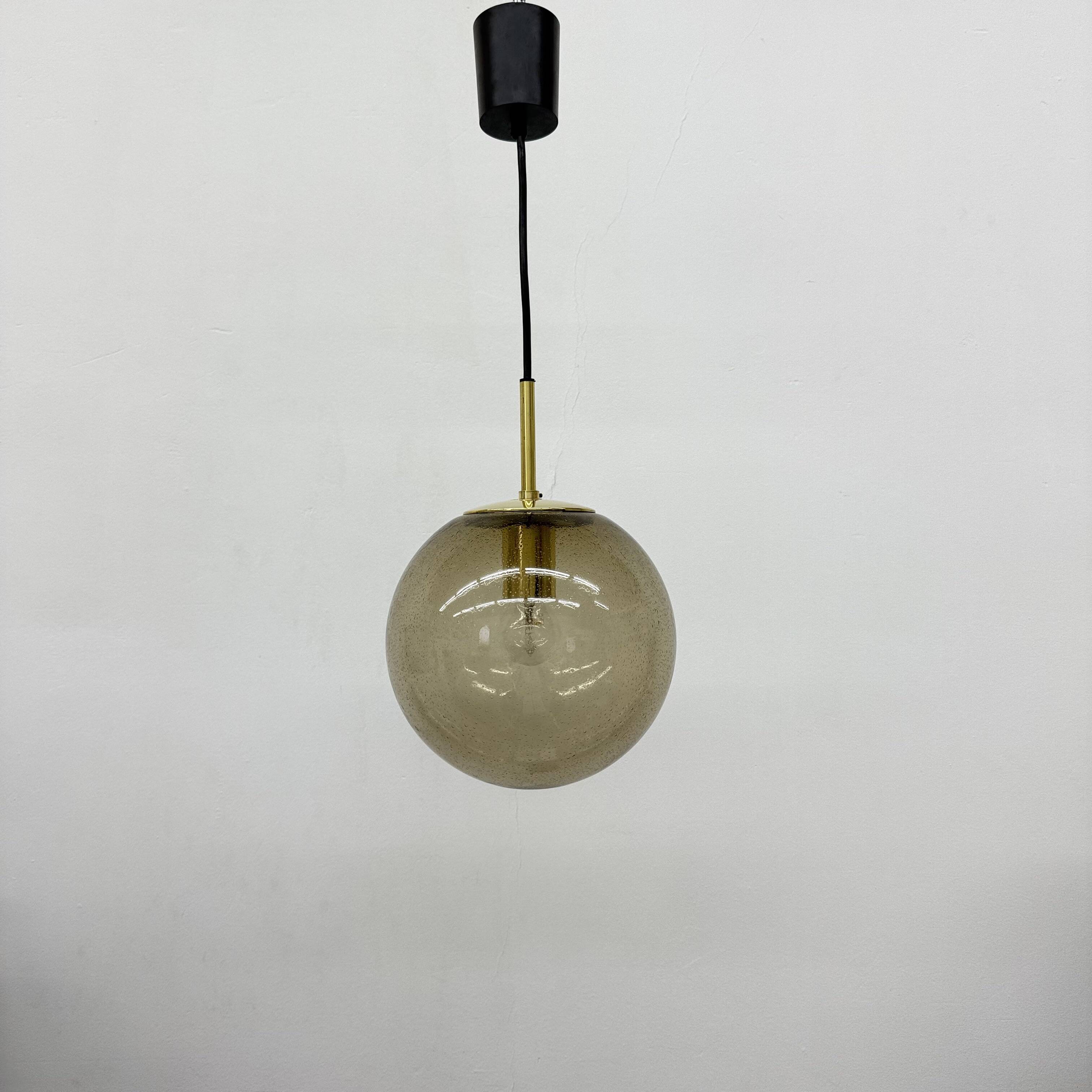 Limburg Glashütte brass smoked glass ball pendant hanging lamp , 1970s