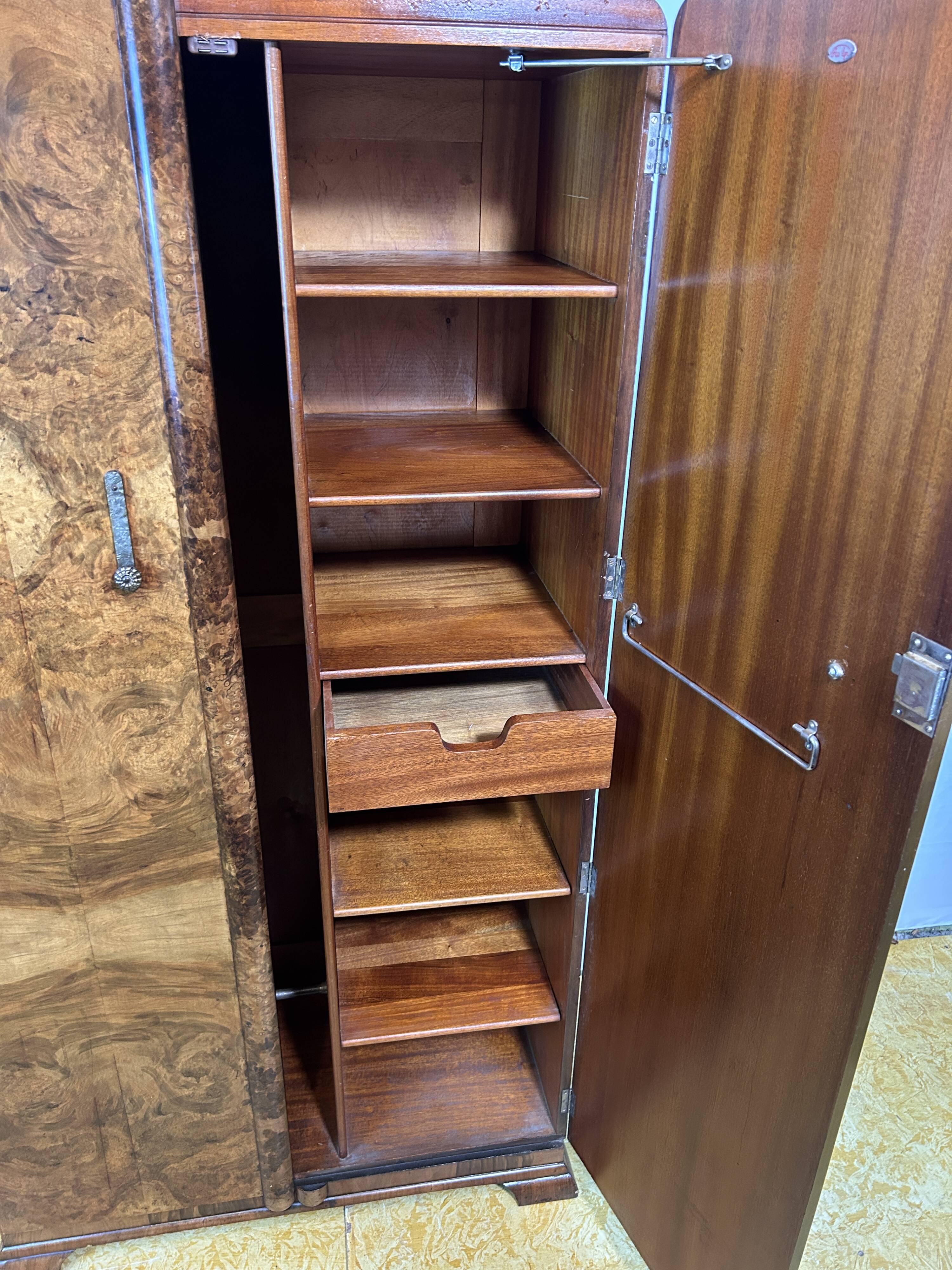 Art deco vintage brocante bachelor wardrobe burr walnut 1920-1930