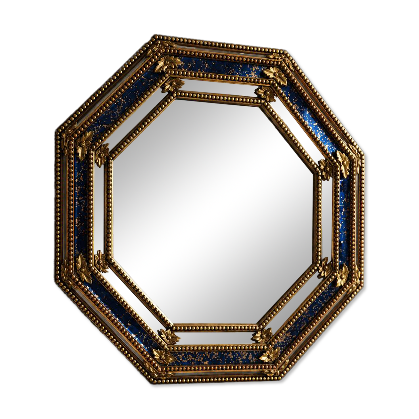 Miroir mural octogonal en verre églomisé bleu cobalt et bois doré, Espagne