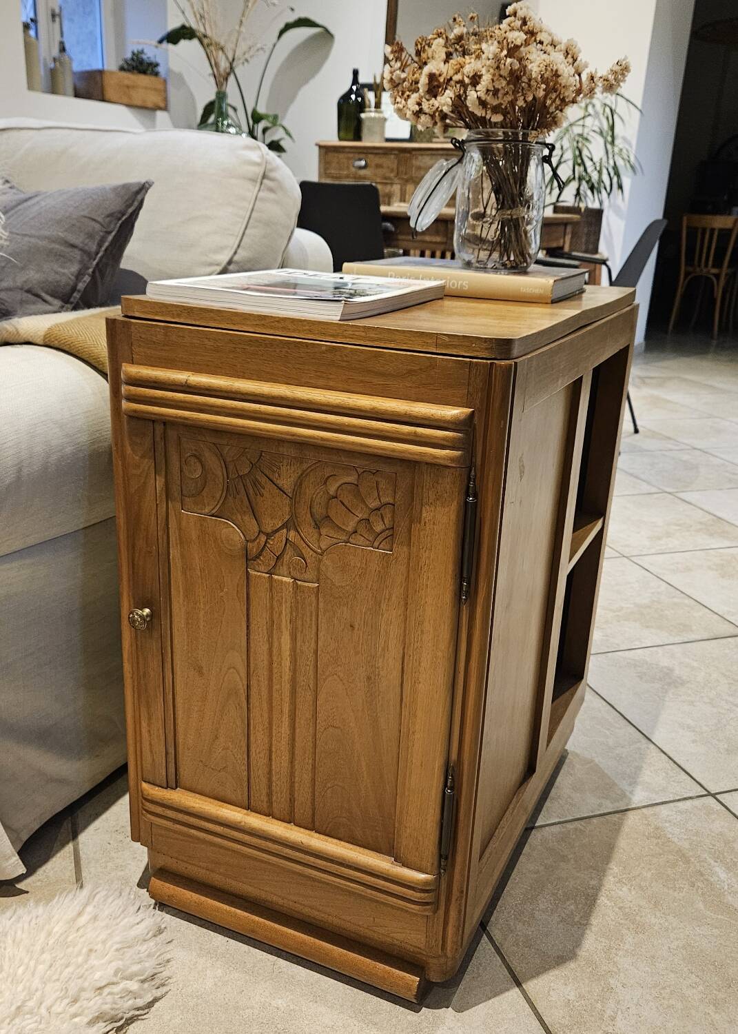 Meuble bout de canapé droit gauche -bois massif merisier- Art Déco