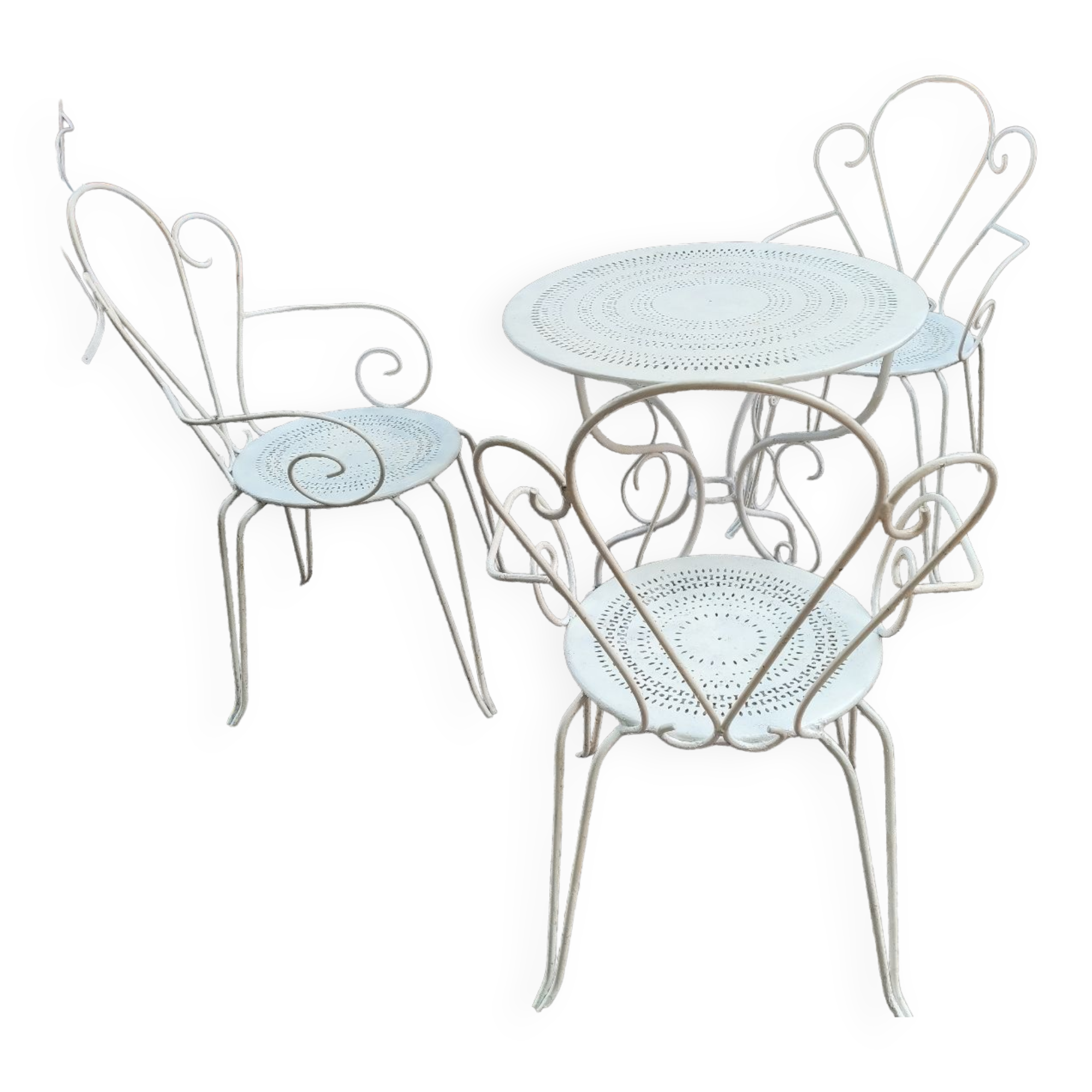 Ancien salon de jardin en fer forgé 3 fauteuils et table