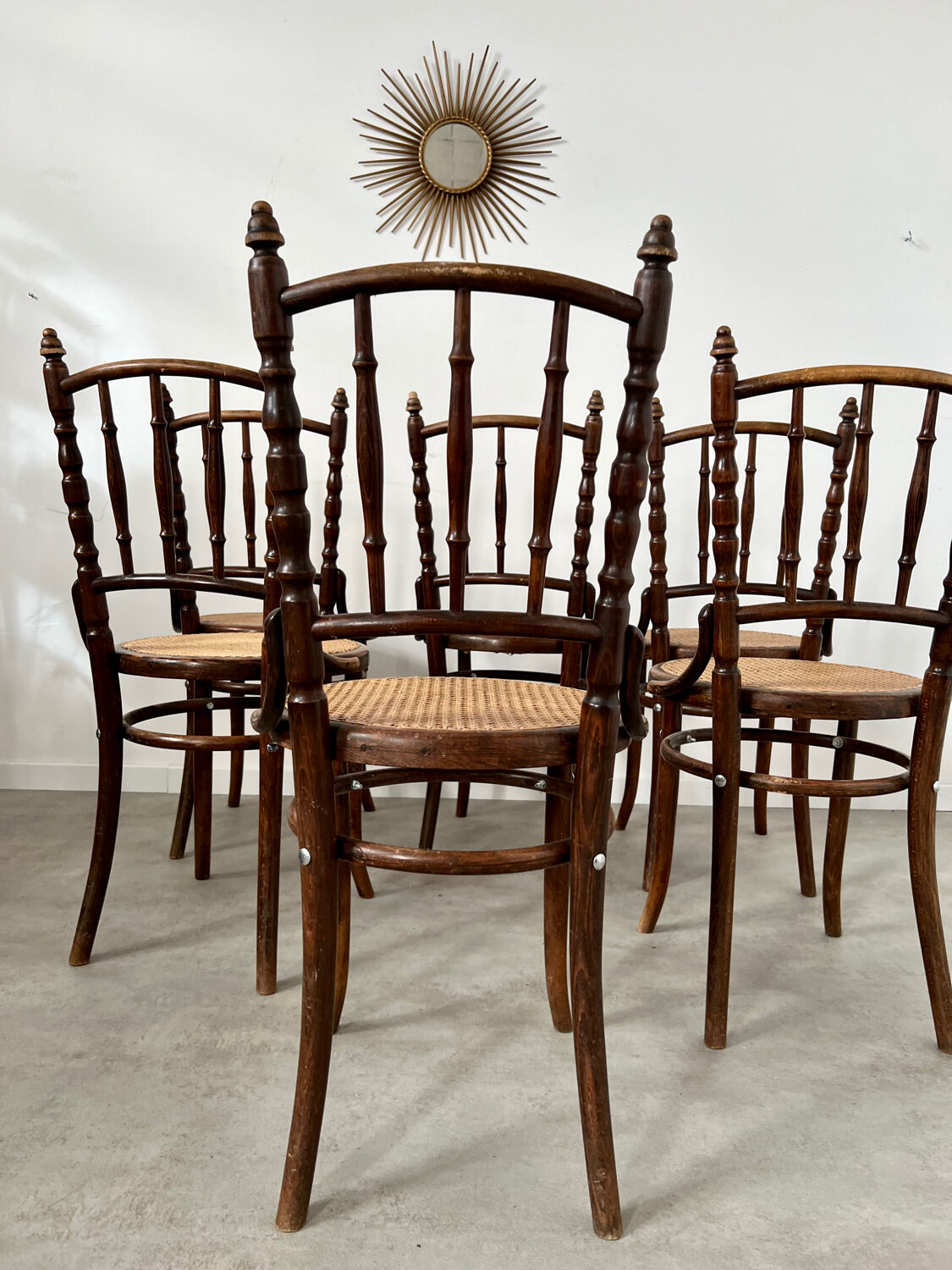 Lot 6 old vintage wooden bistro chairs brand Fischel early 20th century