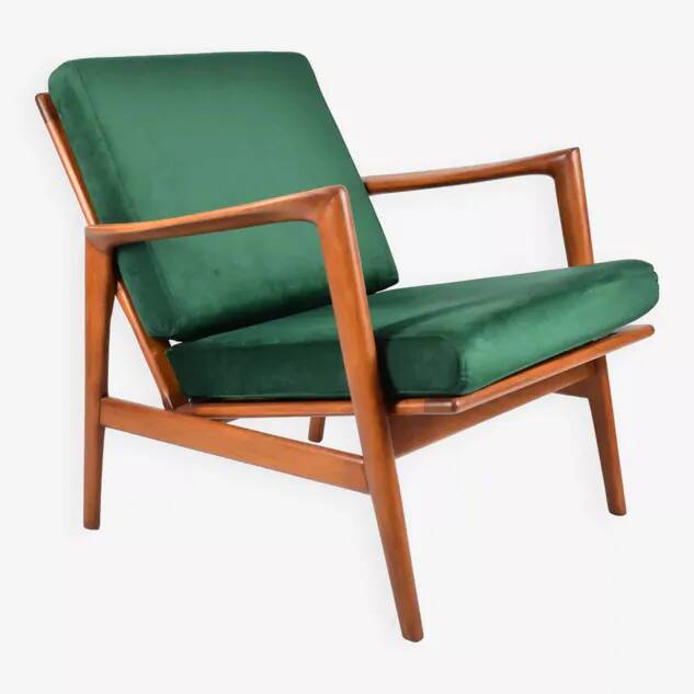 Fauteuil scandinave restauré, icône des années 60, velours