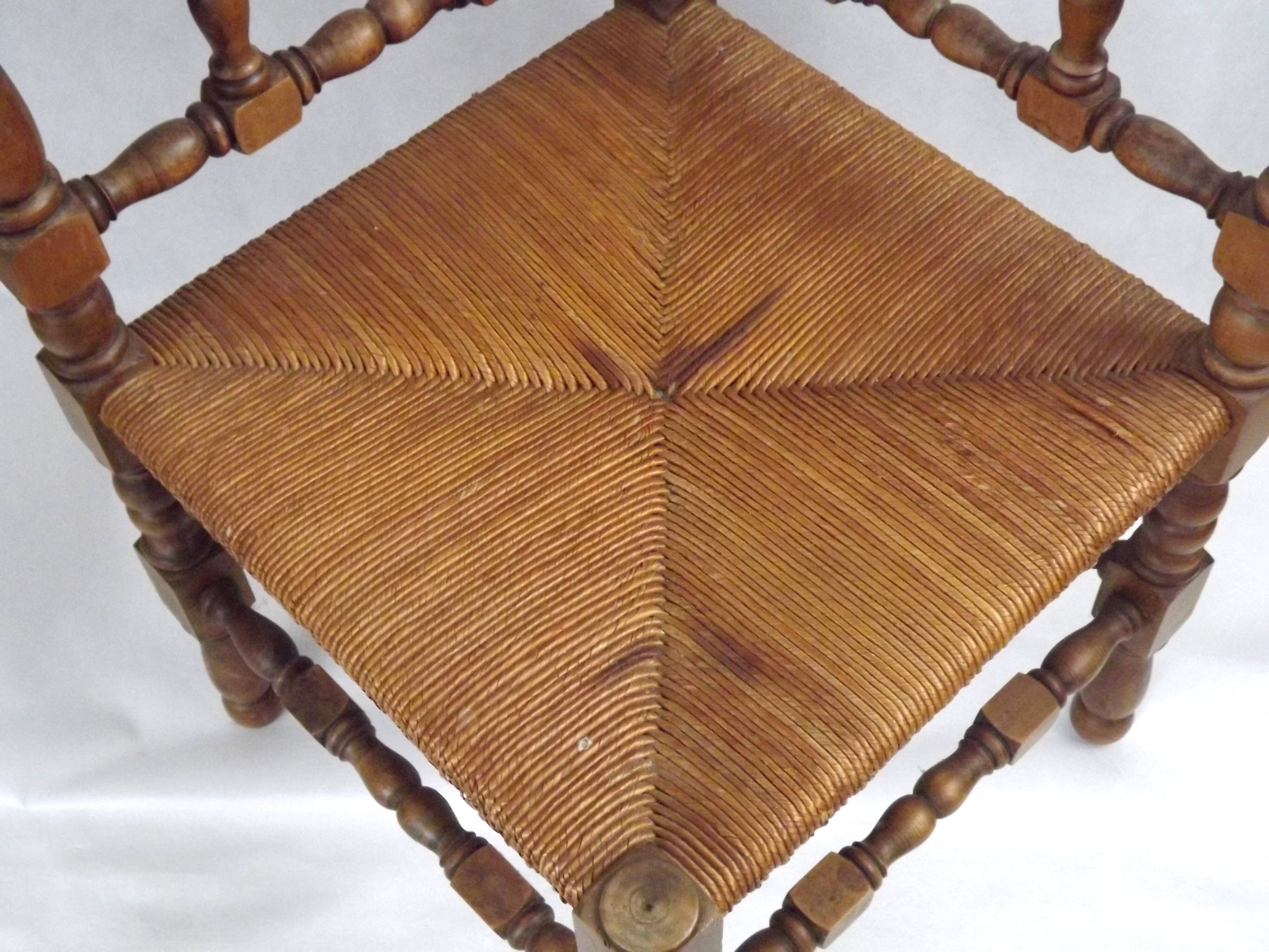 Antique French Turned Wooden Bobbin Chair with Rush Seat