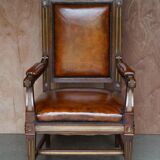 Restored antique Russian hardwood partner desk and leather armchair.