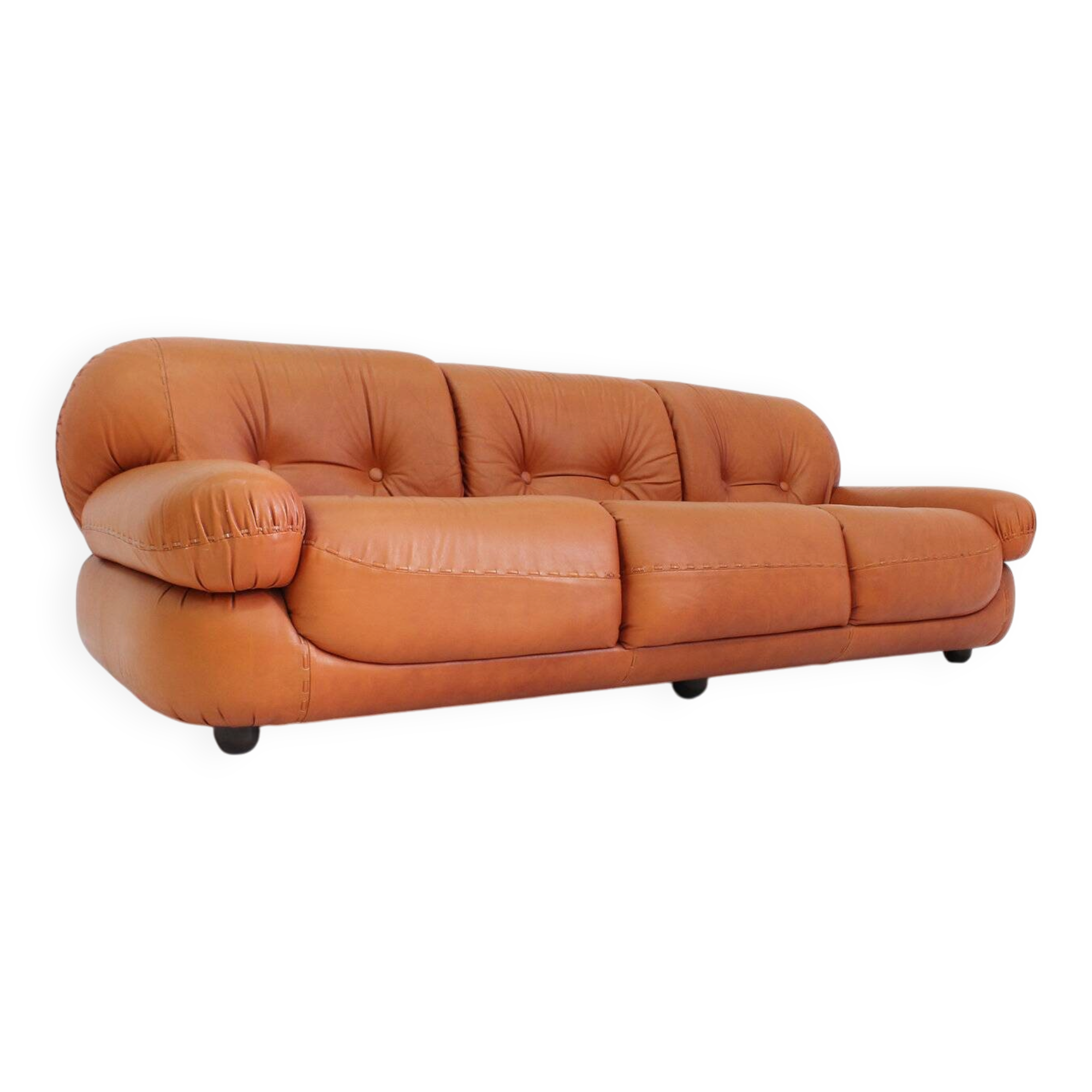 Vintage Italian cognac leather sofa Sapporo Mobil Girgi 1970s