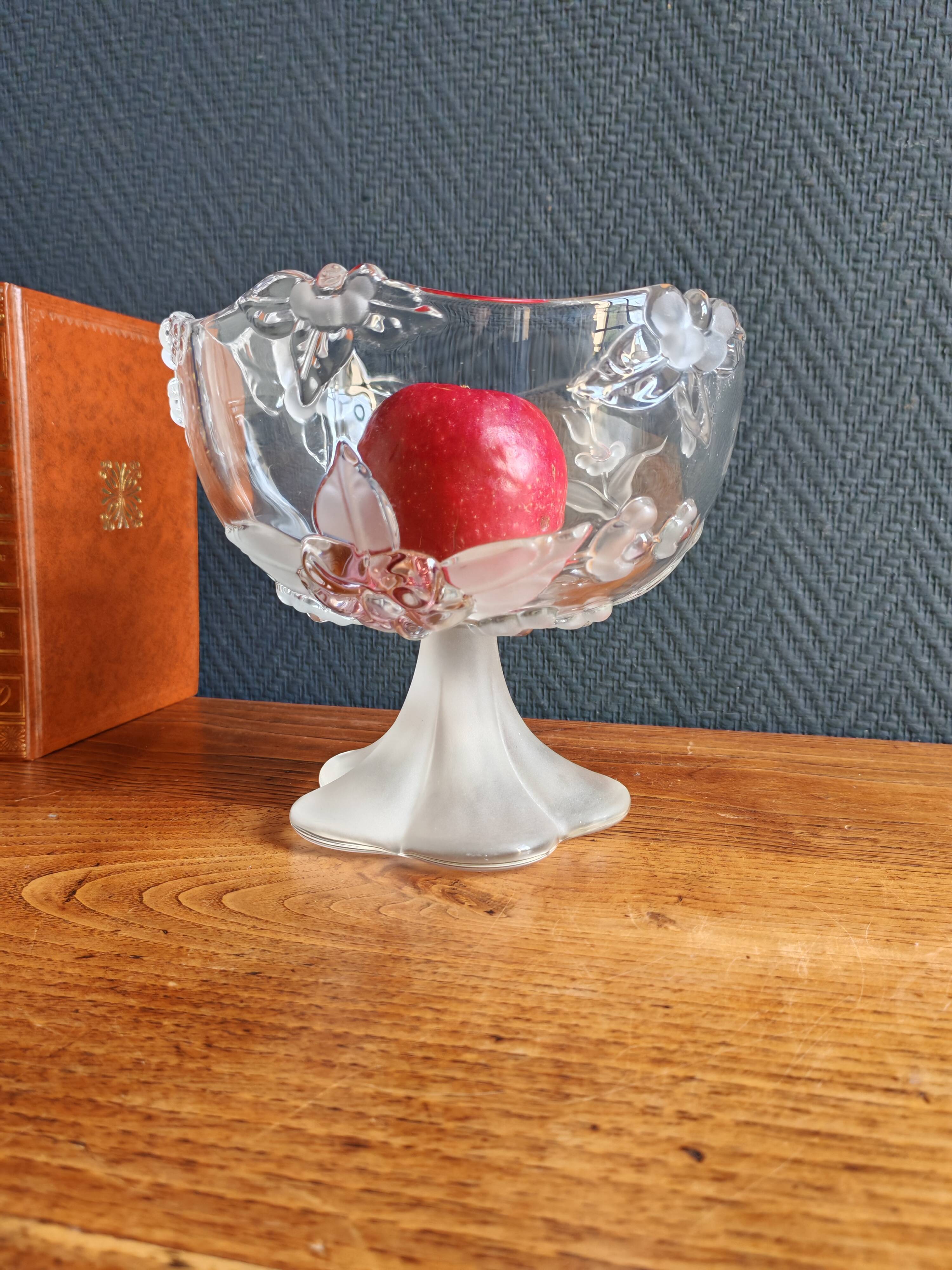 Vintage Frosted Glass Footed Bowl – Relief Decor of Pink Flowers