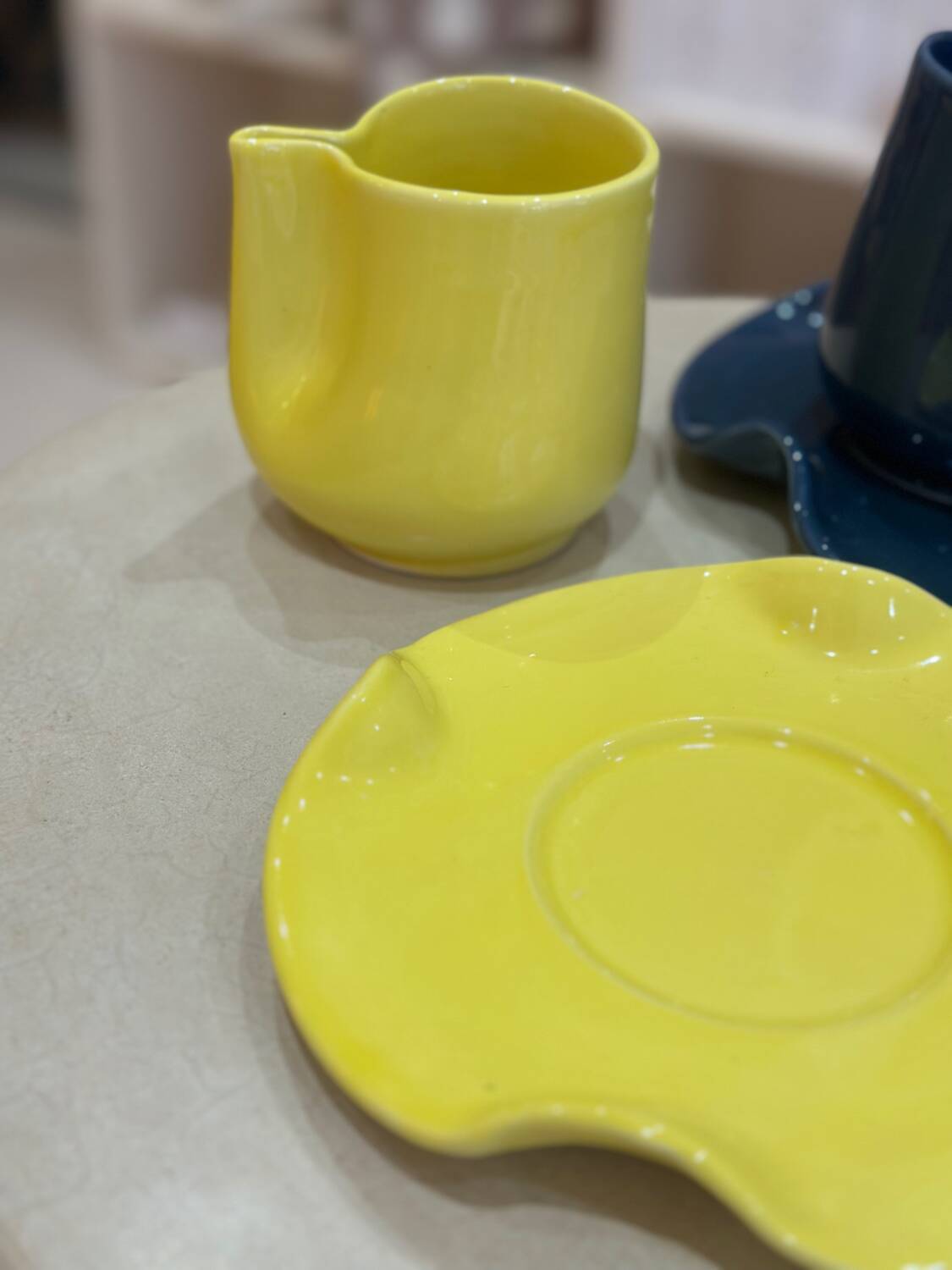 Set of mugs and cups of water lily ceramic handmade pop lemon yellow