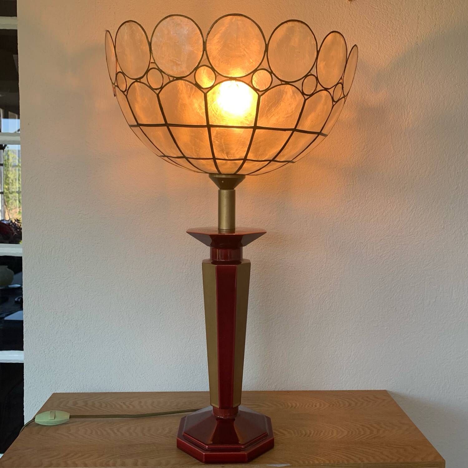 ▪️Vintage Lamp Le Dauphin Ceramic Bordeaux and Gold and Mother-of-pearl Lampshade Art Deco