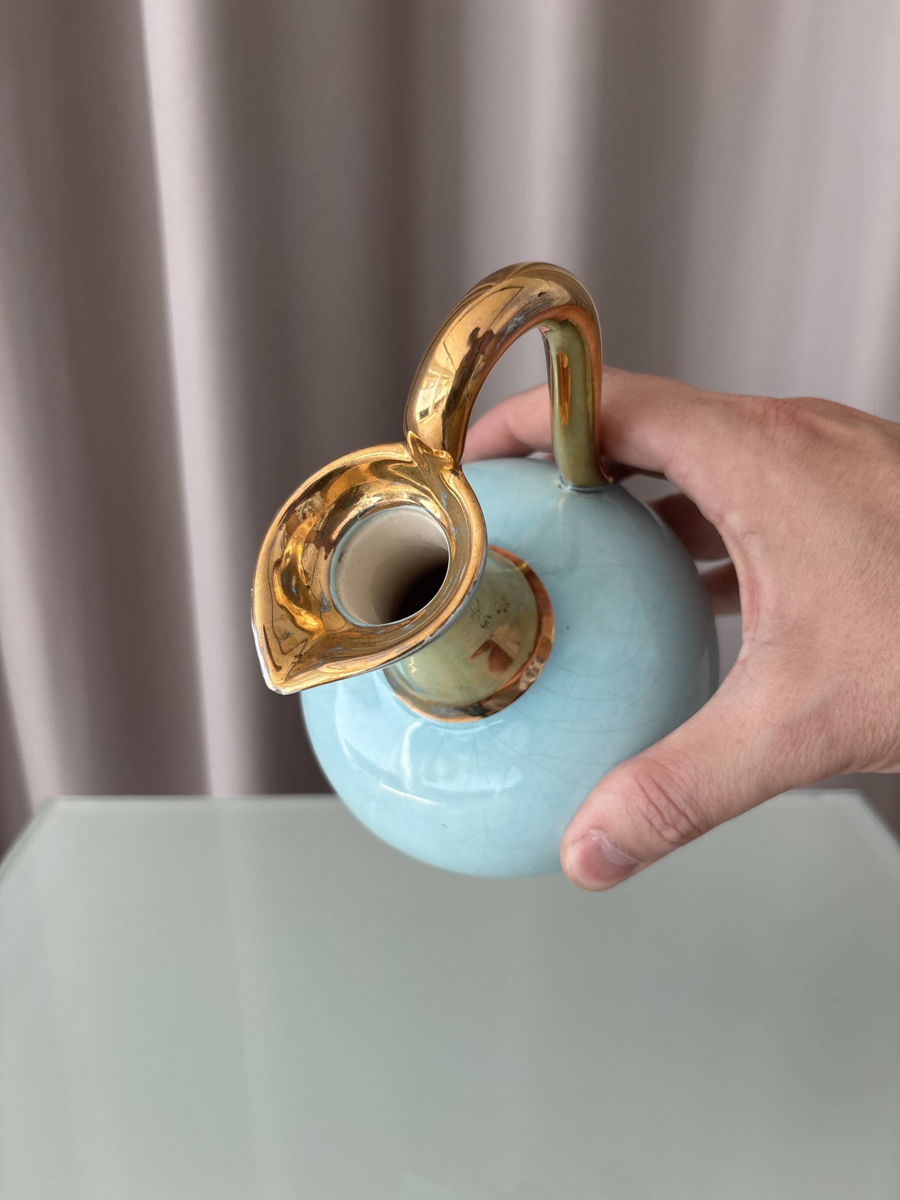 Vintage A. Bayer Belgium Turquoise Crackle Ceramic Jug with Gold