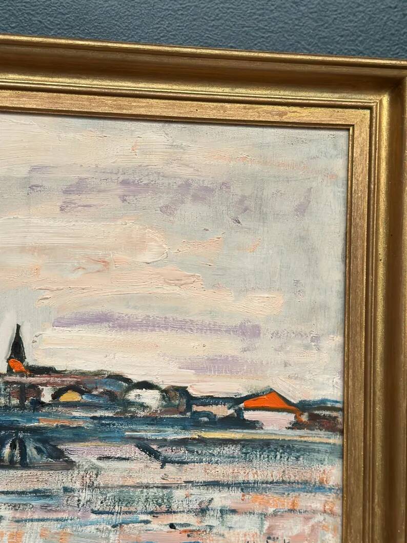 Original Swedish Oil on Panel – "Uppsala" by Gusten Widerbäck – Signed – Dated 1965 (on the back) – Framed – 38 × 43 cm